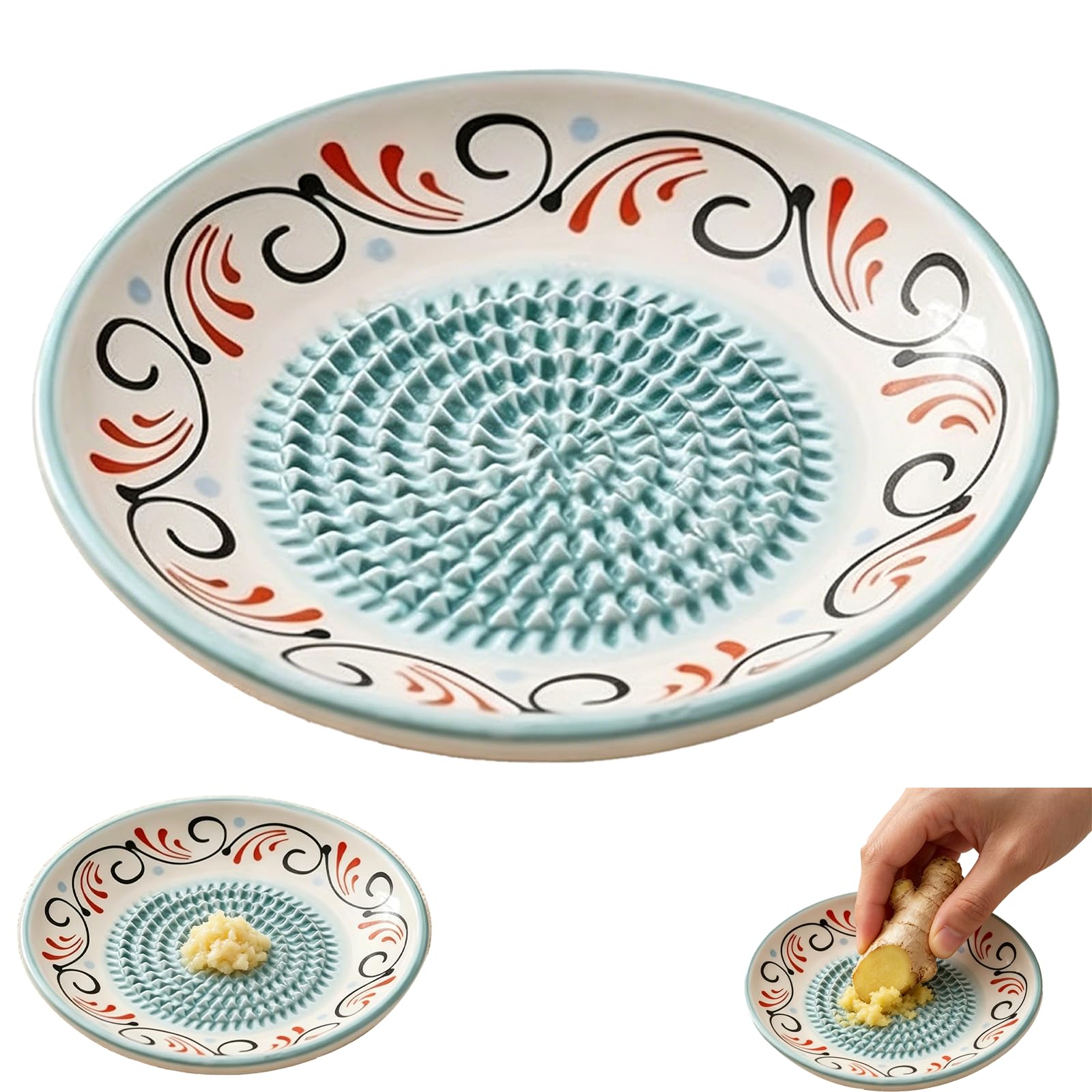 Ceramic Garlic Grater Plate -Ceramic Grating Plate for Garlic, Nutmeg, Fruit Purée & Baby Food | Non-Slip Kitchen Herb Shredder & Masher Dish, Easy Clean (Light Blue)