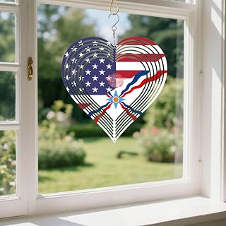 Assyria Assyrian America Flag Wind Spinners Outdoor Love Heart Hanging Ornament 10 inch Kinetic Sculptures Chimes Christmas Tinplate Metal Art Decorative Garden Patio Yard Decorations