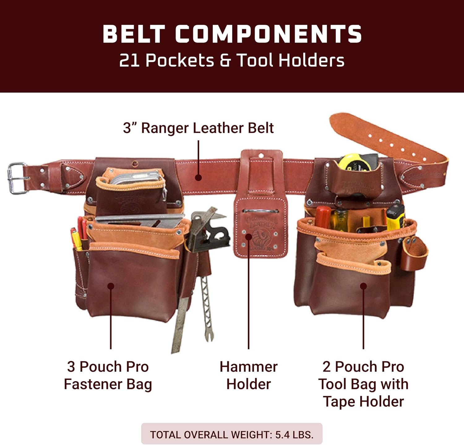 Occidental Leather Pro Framer Package - Medium - 21 Pockets & Tool Holders - Premium Top-Grain Leather - Made in USA