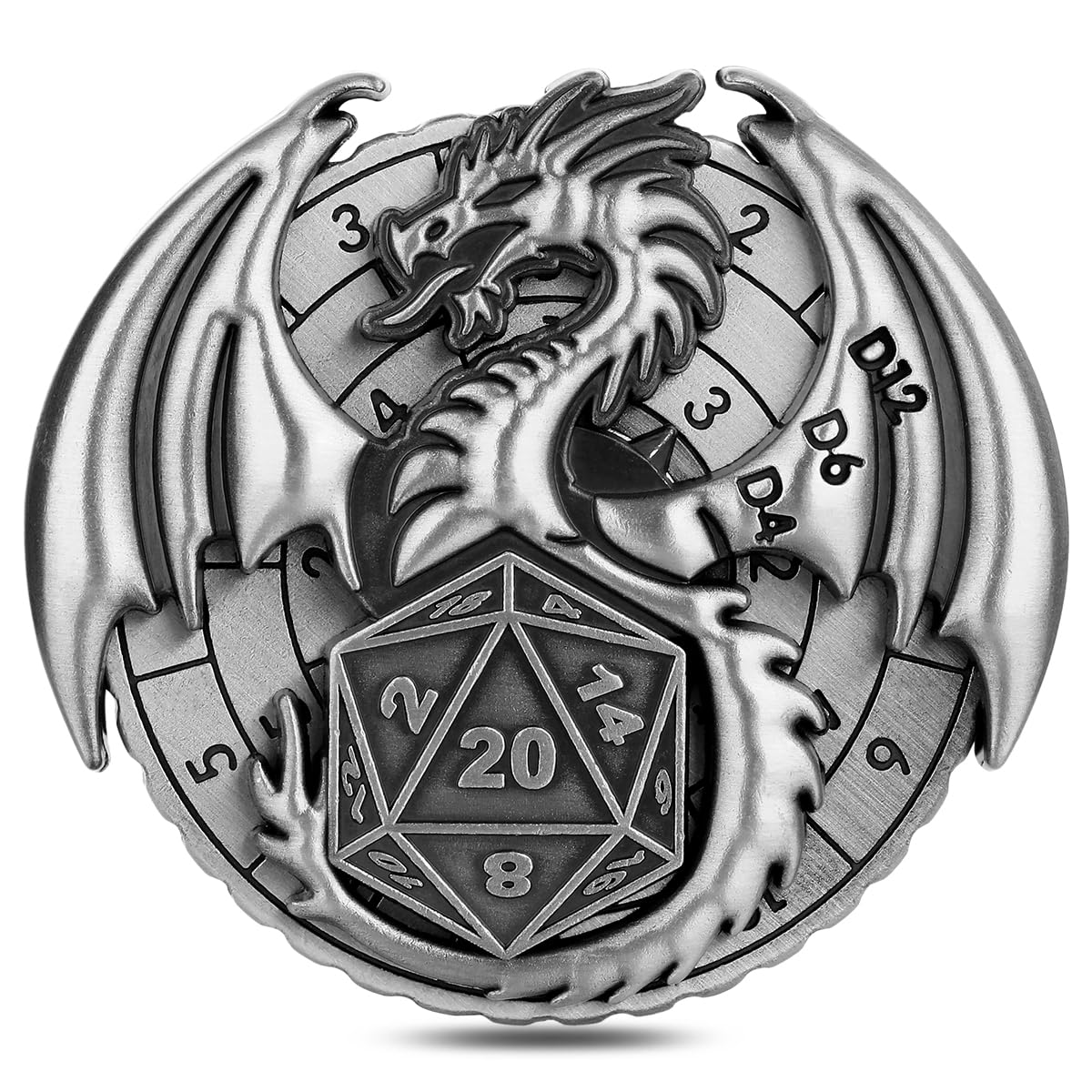 7-in-1 Flying Dragon Fingertip Gyro, DND Wheel Dice Spiner, DND Starter Set, 7-in-1 Metal D&D Dice Set, D&D Gifts with Dragon Logo Gift Box, Tabletop Games, Role Playing Board Game Accessories, Silver