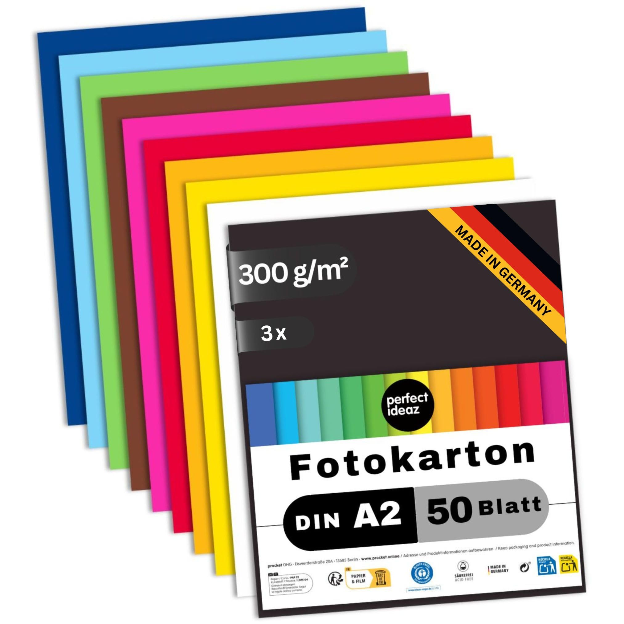 perfect ideaz 150 hojas de cartón fotográfico DIN A2, 10 colores, cartón reciclado estable de 300 g/m², fabricado en Alemania, certificado Blauer Engel (3 x 50 hojas)