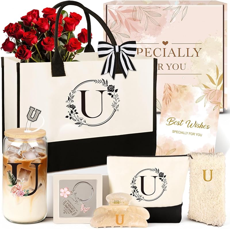 Giftota Conjunto de Presentes com Inicial U, 9 Peças, Bolsa de Lona, Necessaire, Copo de Vidro, Presilha, Meias e Chaveiro