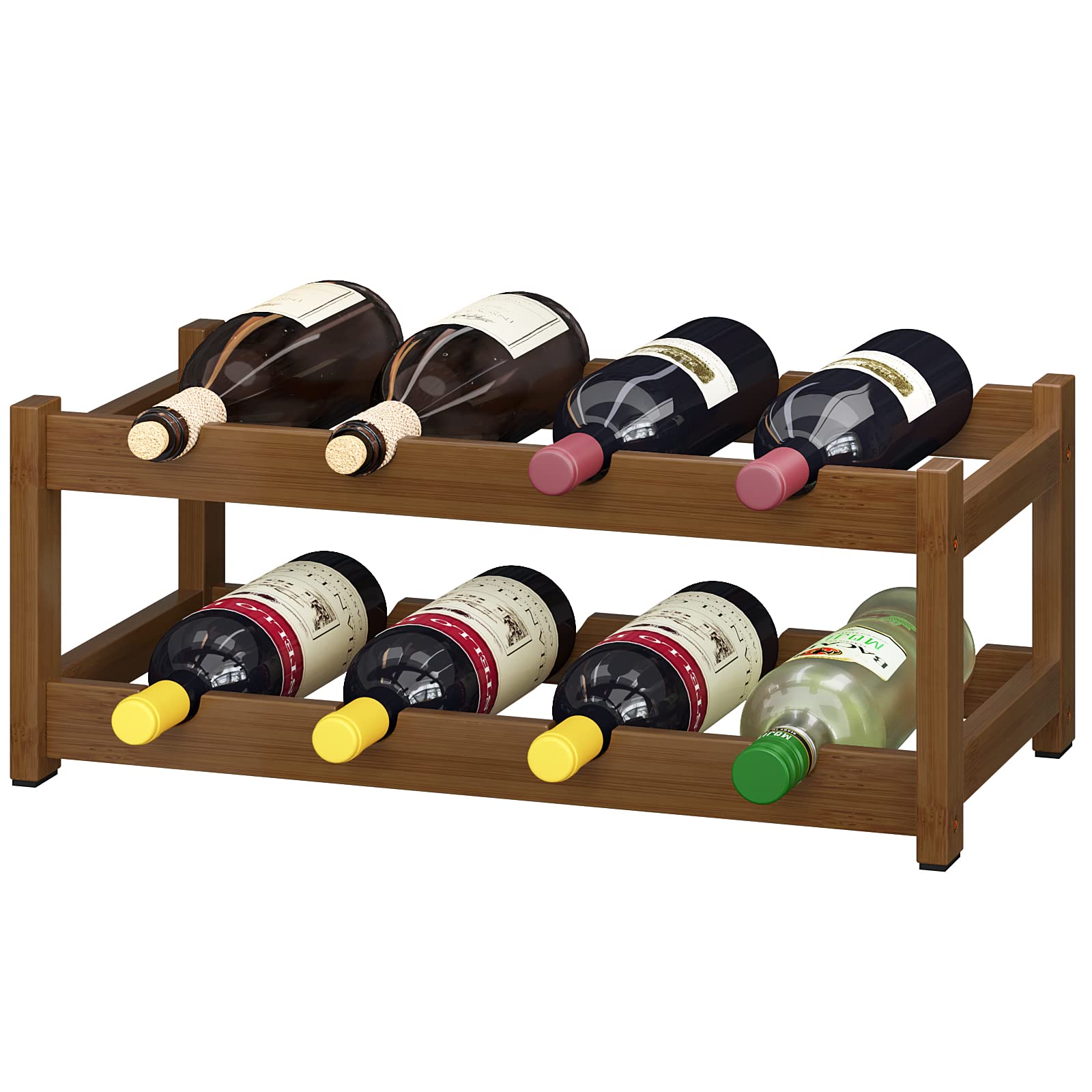 BAMEOS Bamboo Wine Rack, 2 Tier Wine Racks Countertop Storage, Wine Bottle Holder Wine Rack freestanding Floor for Kitchen, Bar, Pantry, Wine Cellar, Basement,Study,Maroon (16.85 L x 9.25W x 7H)