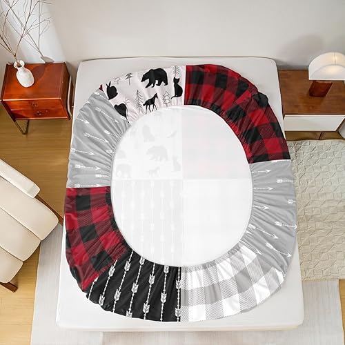 Miniatura 215 de Sábana bajera ajustable de oso de caza, juego de ropa de cama a cuadros de búfalo, sábanas de retazos de cabaña rústica para niños, niños, Multi