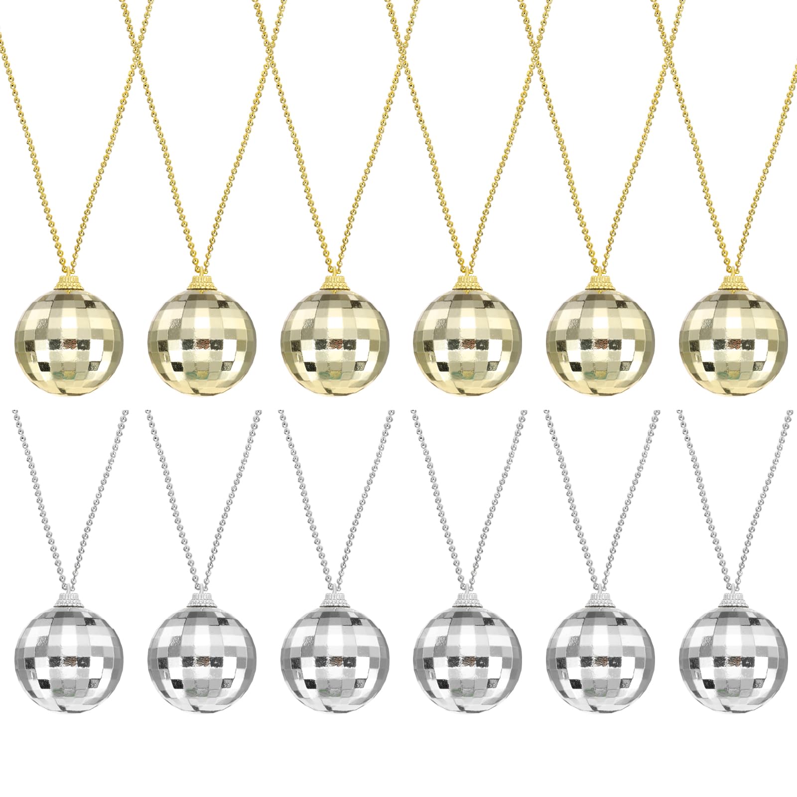 sourcing map Mirror Disco Ball Necklace, 1.2" 70s Disco Party Necklaces for Costume Game Dance Supplies Birthday Parties Festival Jewelry Accessories, (Silver/Gold, Pack of 12)