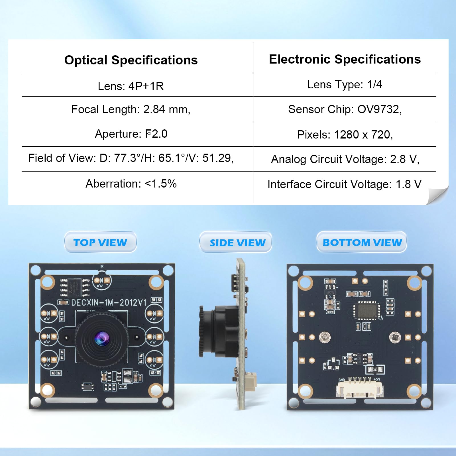 3-Piece Camera Module 100 Degree OV9732 with Autodart Camera System with 2 m Cable, 1280 x 720, 30 Fps, USB Driver for Versatile Applications (70) - 3