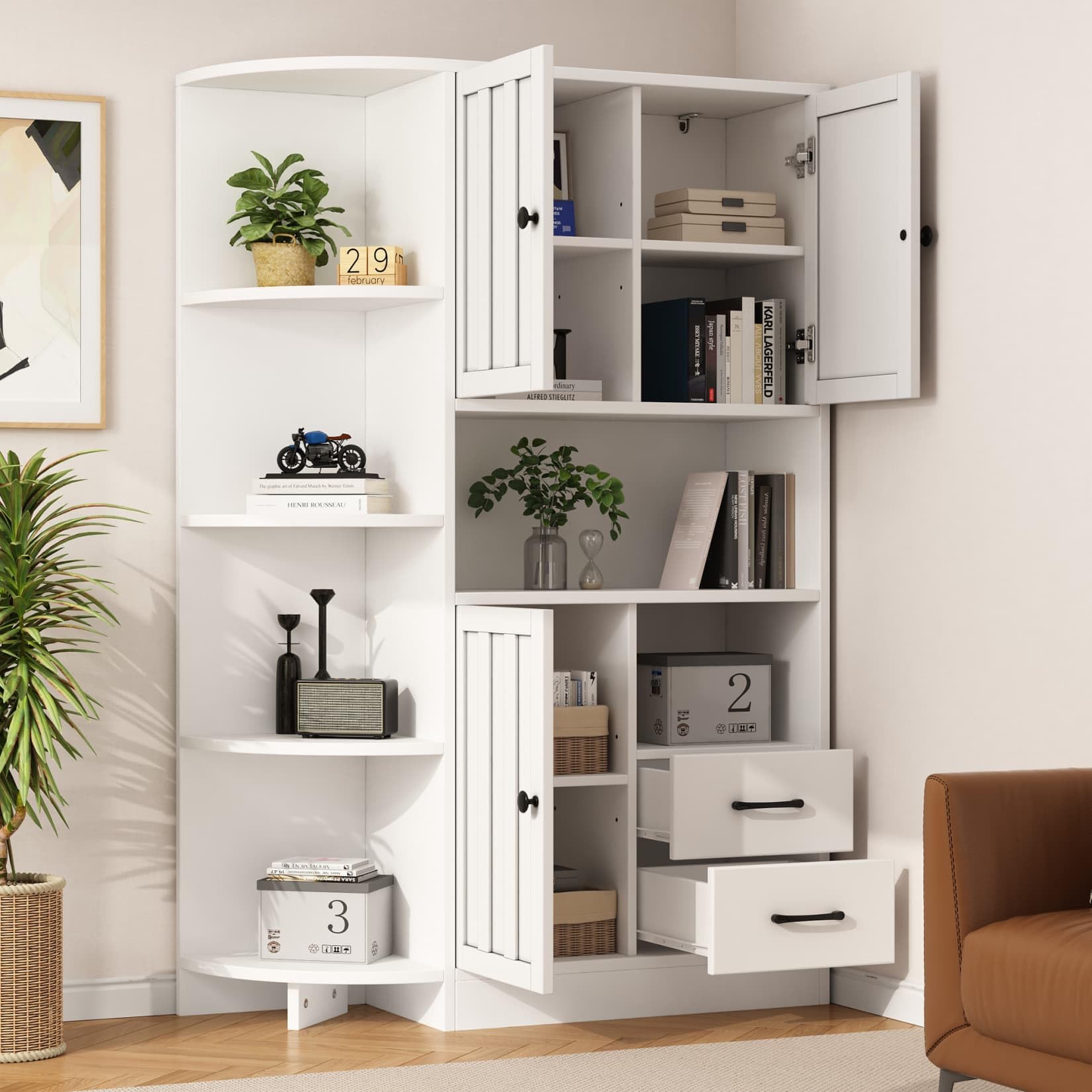 Meuble Cuisine,Armoire de Rangement 104x35x155,Placard Rangement,Buffet Cuisine,Commode Chambre,Vaisselier Salle a Manger avec 3 Armoires,2 Tiroirs,étagères Ouvertes,Blanc