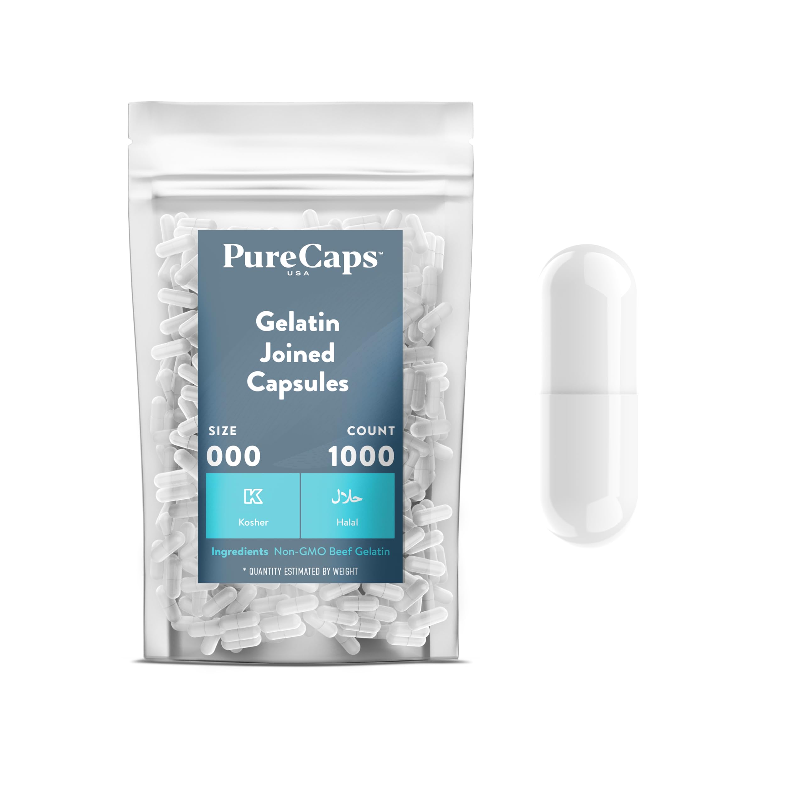 PureCaps USA - Size 000 Empty White Gelatin Pill Capsules - Fast Dissolving and Easily Digestible - Preservative Free with Natural Ingredients - (1,000 Joined Capsules)