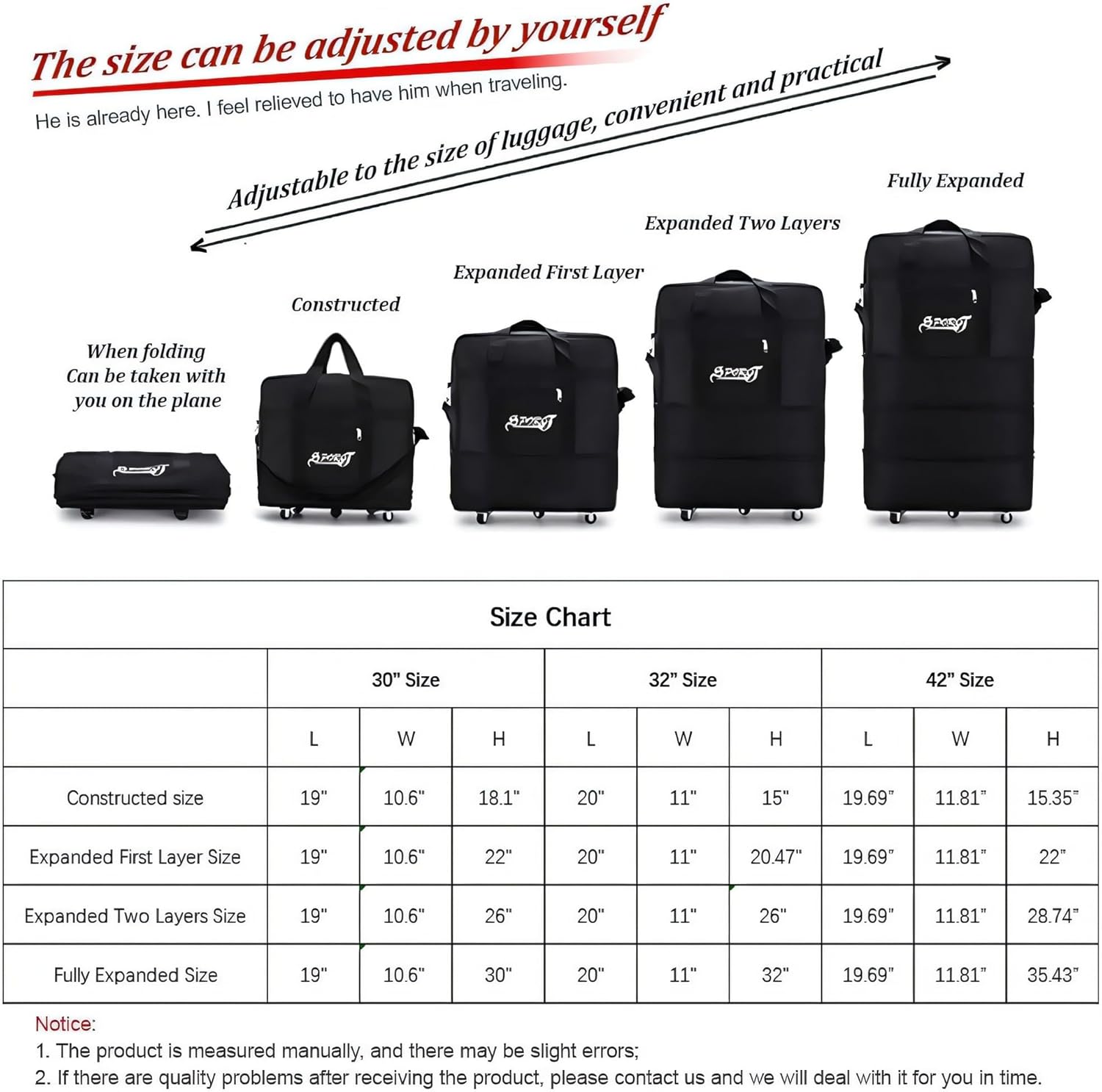 Expandable Rolling Wheeled Duffle Bag - Waterproof Lightweight Traveling Foldable Suitcase, Large Capacity, Durable Carry on Duffel Bag Weekend Bag for Women Men, 30'', Black