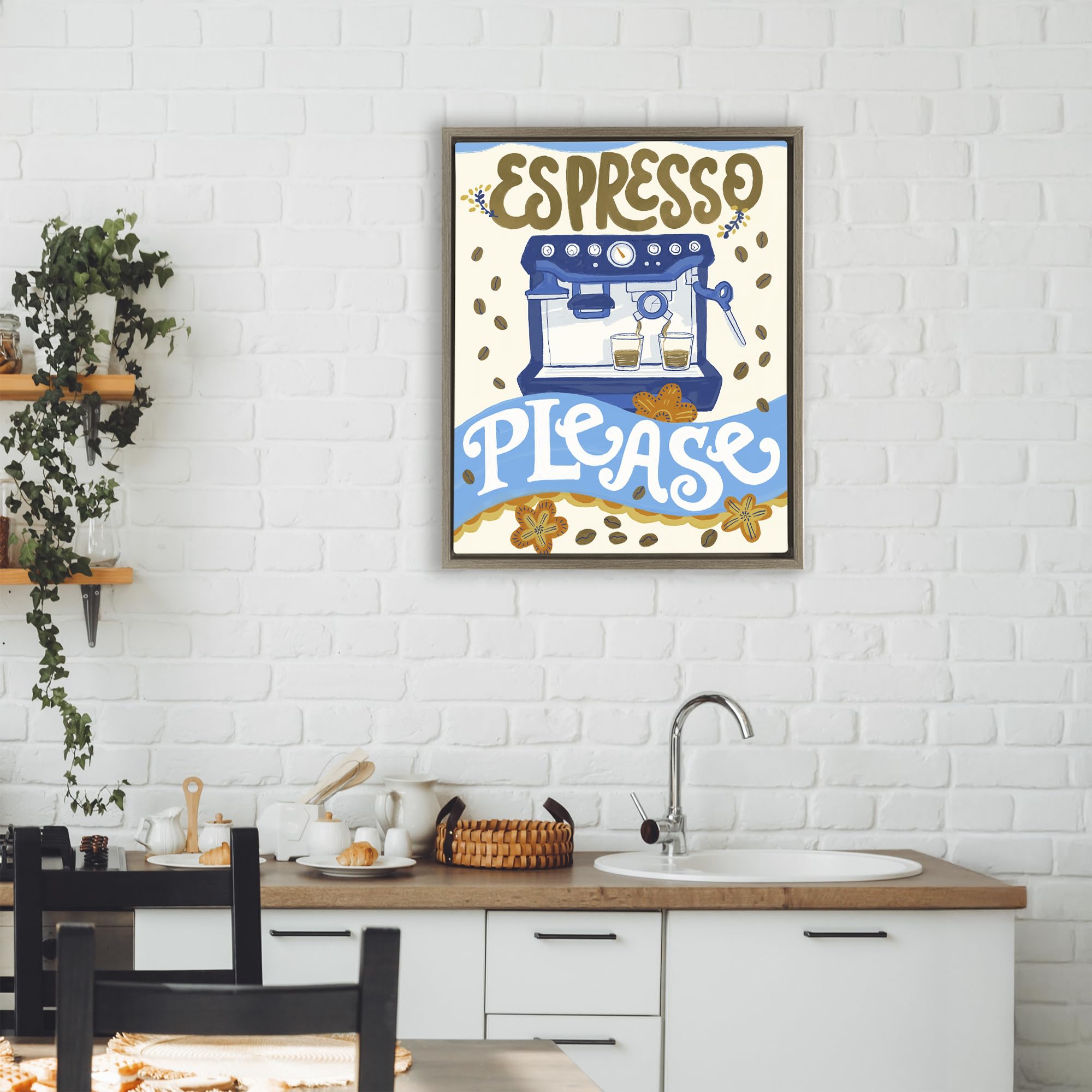 Stupell Industries Connie Summers Kunstdruck auf Leinwand, Motiv Espresso Please Whimsical Beans, goldgerahmt, 53,3 x 43,2 cm