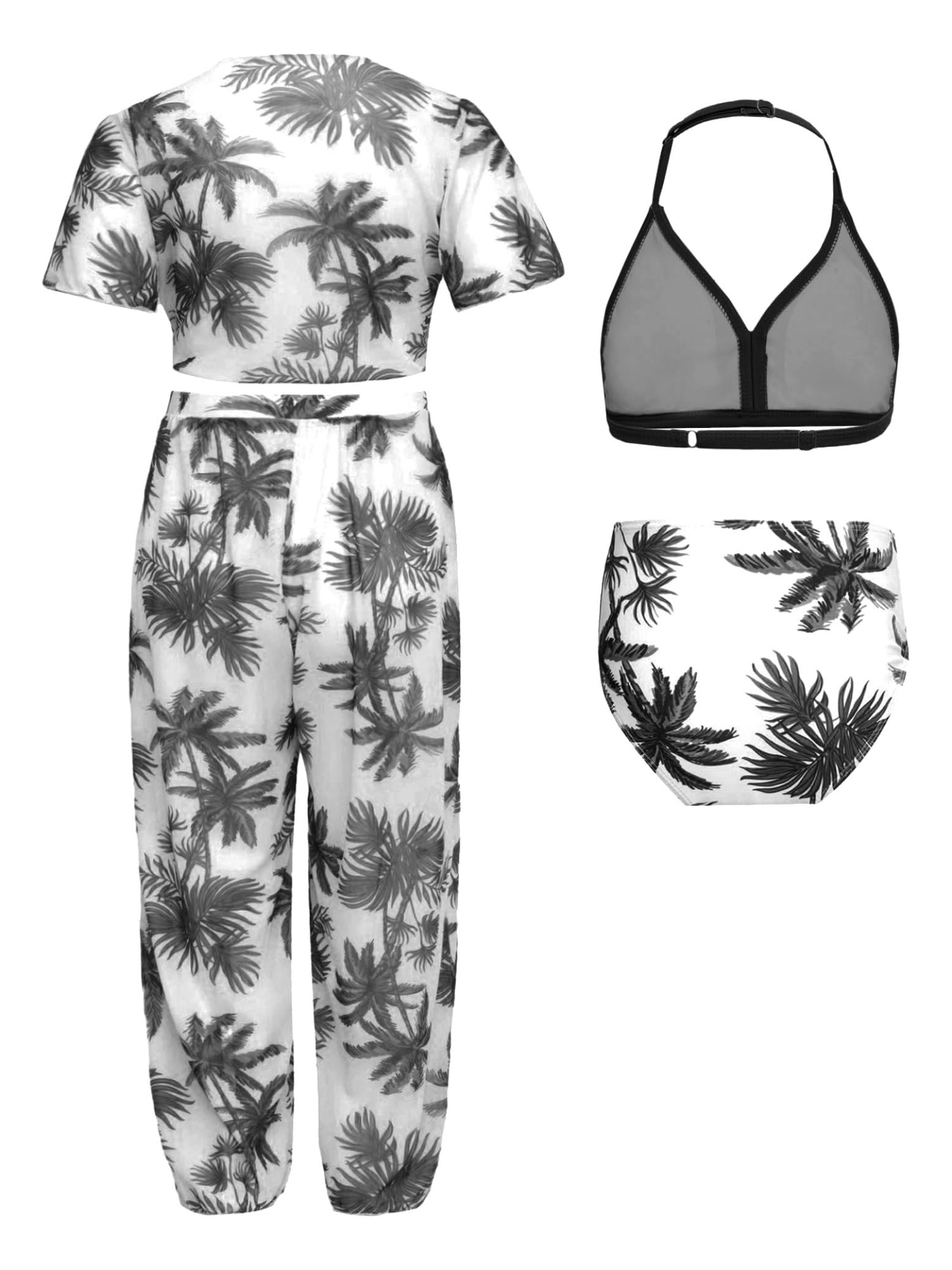 Eandarui Kids Girls 4Pcs Bikini Top and Briefs Swimsuit Swimwear with Chiffon Cover Up Top and Beach Pants Black 7-8 Years