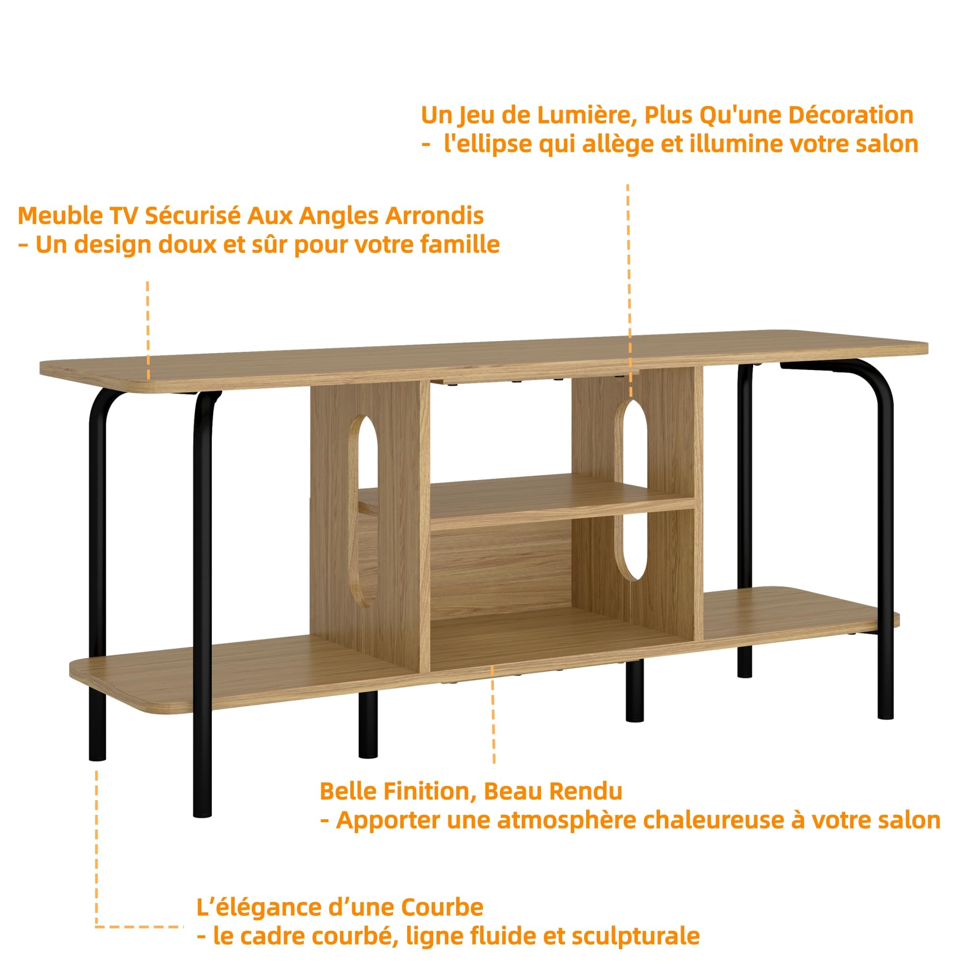 Manora Meuble TV 120 cm de Longueur, Meuble Tele avec 4 Espaces de Rangement Ouverts, Meuble Télé Bois, Structure en Acier Solide，2 Pieds Centraux Réglables, Meuble TV aux Coins Arrondis (Chêne)