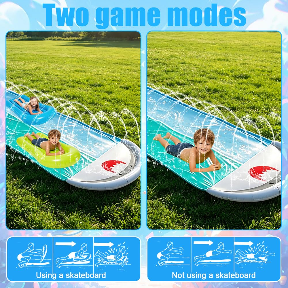 Aufblasbare Wasserrutsche Garten 550x145cm mit 2 Bodyboards Doppelte Wasserrutsche Eingebautem Sprinkler Hai-Stil