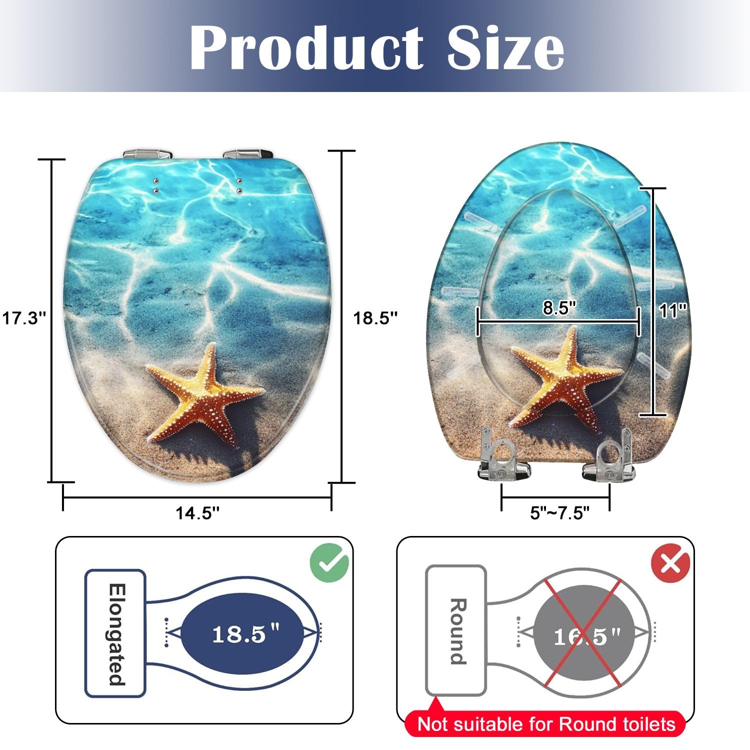 Copriwater Decorativo Allungato con Stelle Marine, Conchiglie, Tema Spiaggia Estiva E Mare, In Resina, con Chiusura Lenta E Silenziosa, Cerniere A Sgancio Rapido, Paracolpi E Facile Da Pulir