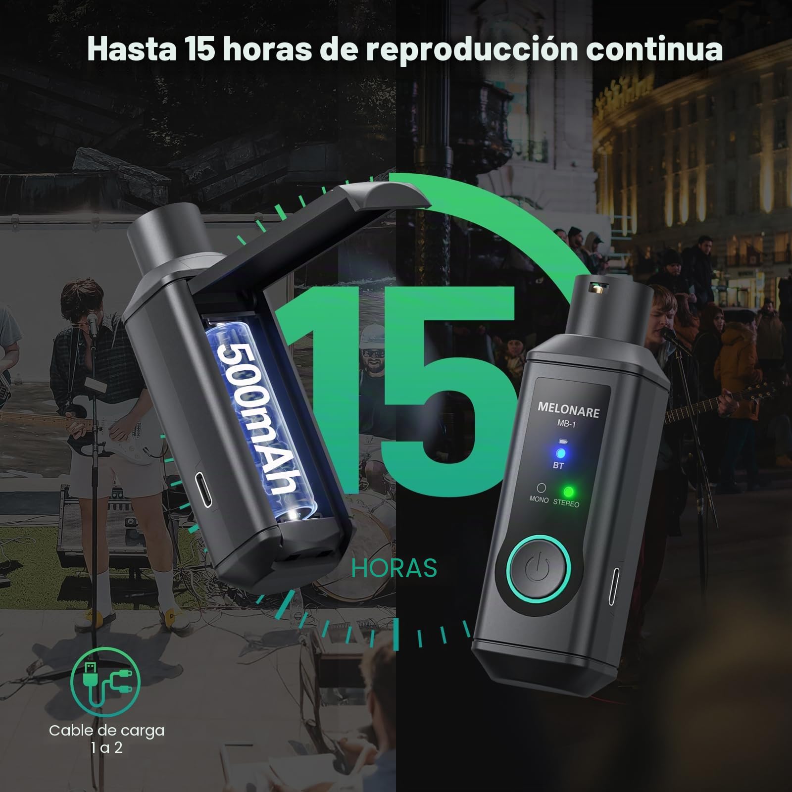 MELONARE Receptor Bluetooth XLR BT 5.3 Mono/Estéreo 15 h MB-1 | Batería 15 h, audio Hi-Fi, alcance 150 ft, adaptador Bluetooth para altavoces, PA, mezcladores, DJ