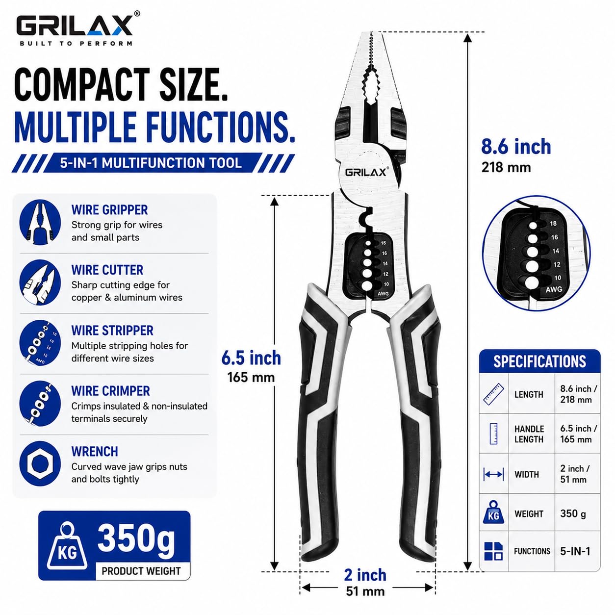 5 in 1 Multipurpose Electrician Plier/Cutting Plier with Gripping, Wrench, Wire Cutter, Crimping Tool & Wire Stripper Fuction (Chrome Vanadium Forged (Steel, Silver) (PACK OF 1) — Amazon image 8
