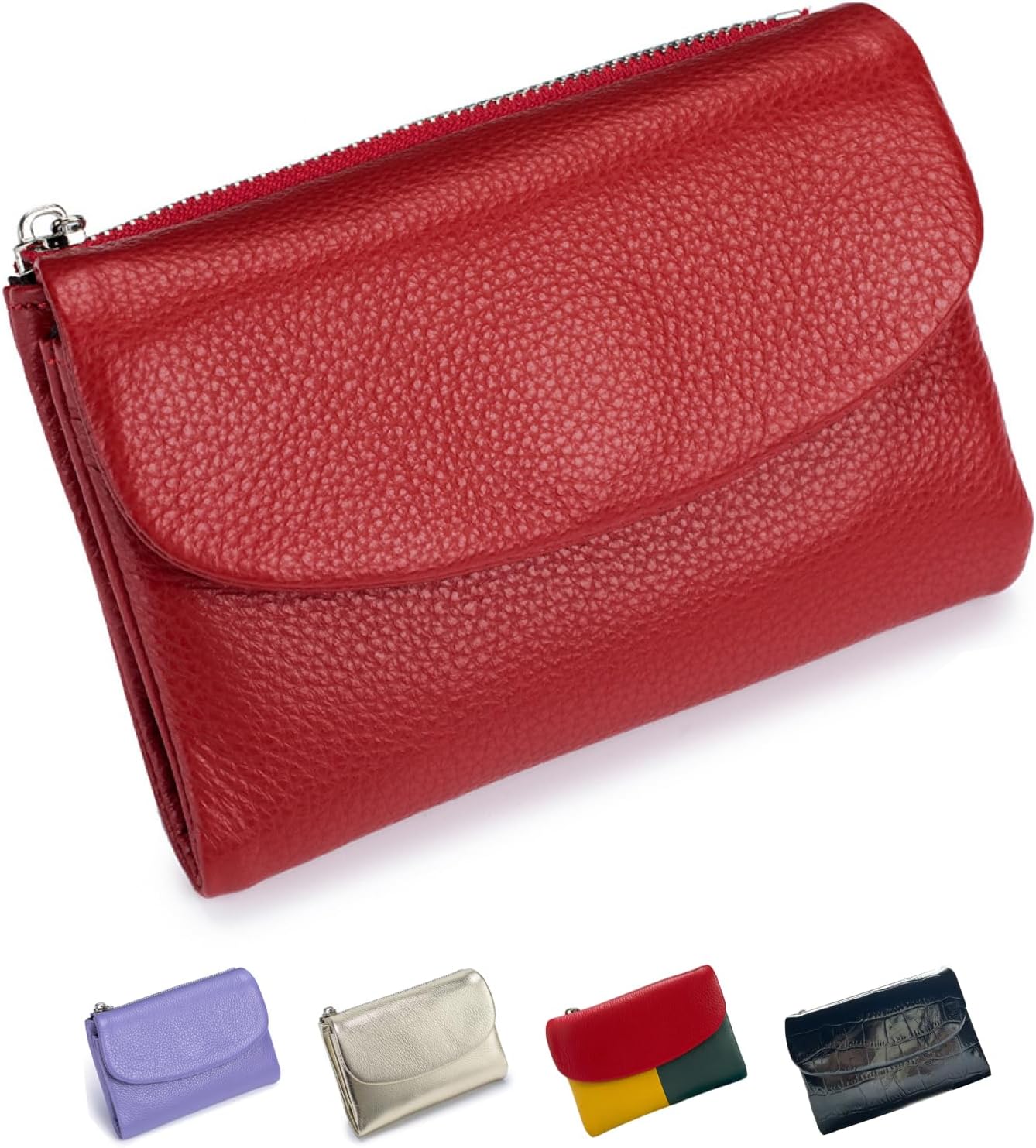 Premium Leather Wallet, Multi-Slot Card Holder with ID Window, Zipper Coin Purse, First Layer Leather (Red)