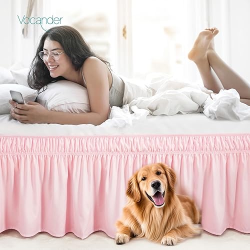 Miniatura 5 de Vocander Falda de Cama Rosa Tamaño Individual con Caída de 14 Pulgadas, Falda de Cama Elástica con Volantes Antipolvo, Fácil de Colocar, Faldas de