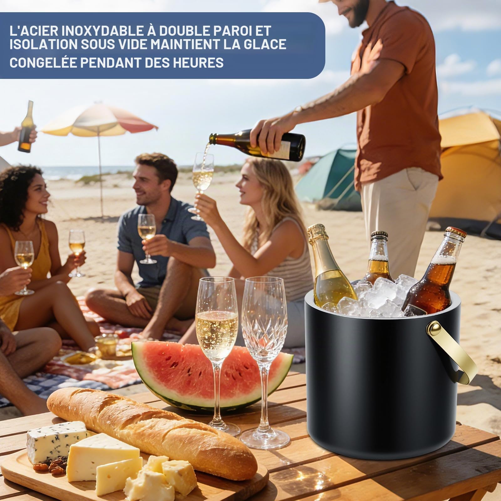 Qingning Seau à Glace en Acier Inoxydable 3.2L, Double Paroi Isolante avec Couvercle, Pinces, Pelle à Glace et Passoire, Seau à Glace Isotherme Double Paroi, Idéal pour Bière, Vin, Bar à Cocktails