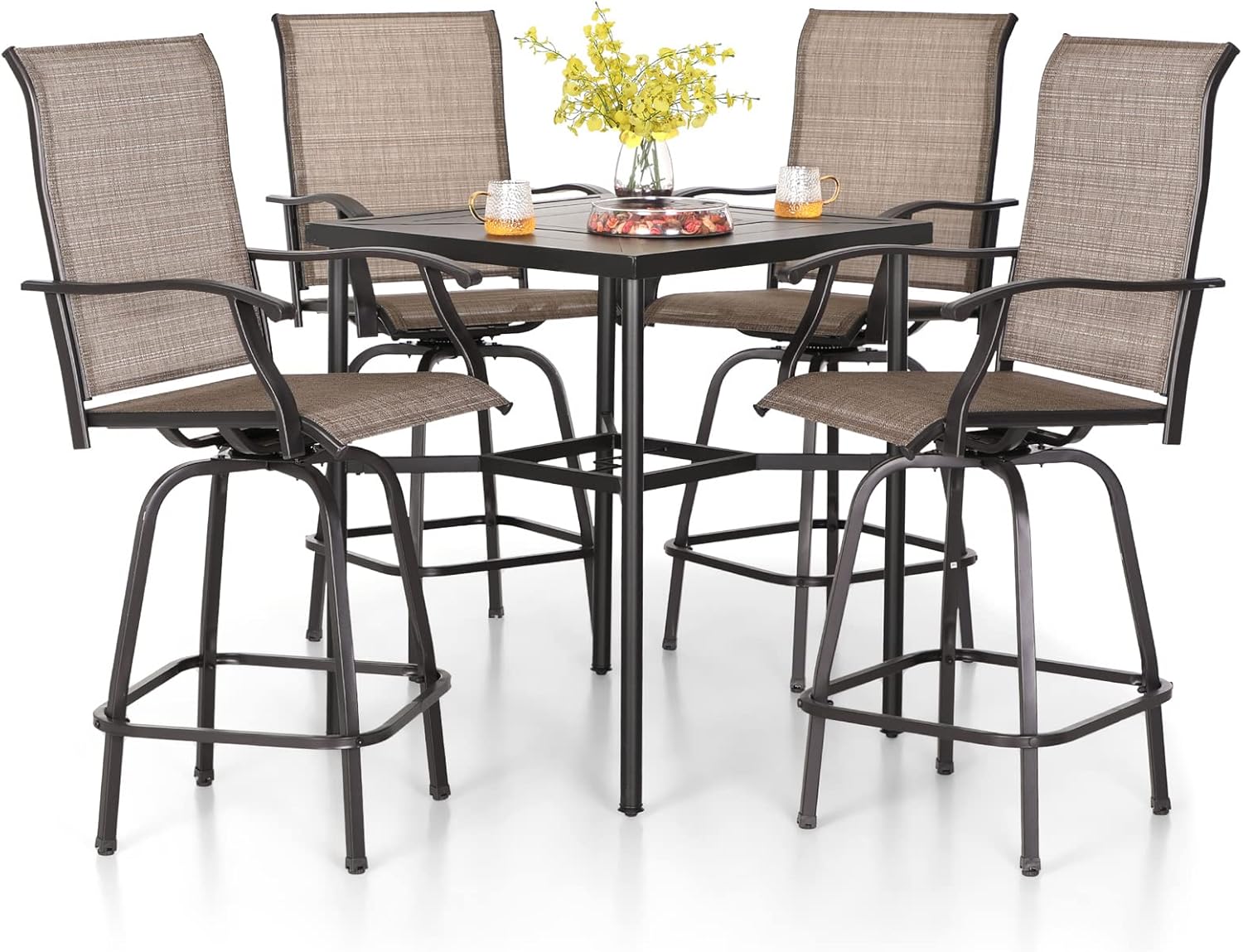 PHI VILLA 5 Piece Bar Height Patio Dining Set, Outdoor Table Chair Bar Set for 4 with Outdoor Swivel Bar Stool Chair and Large Metal Bar Table, Brown Chair