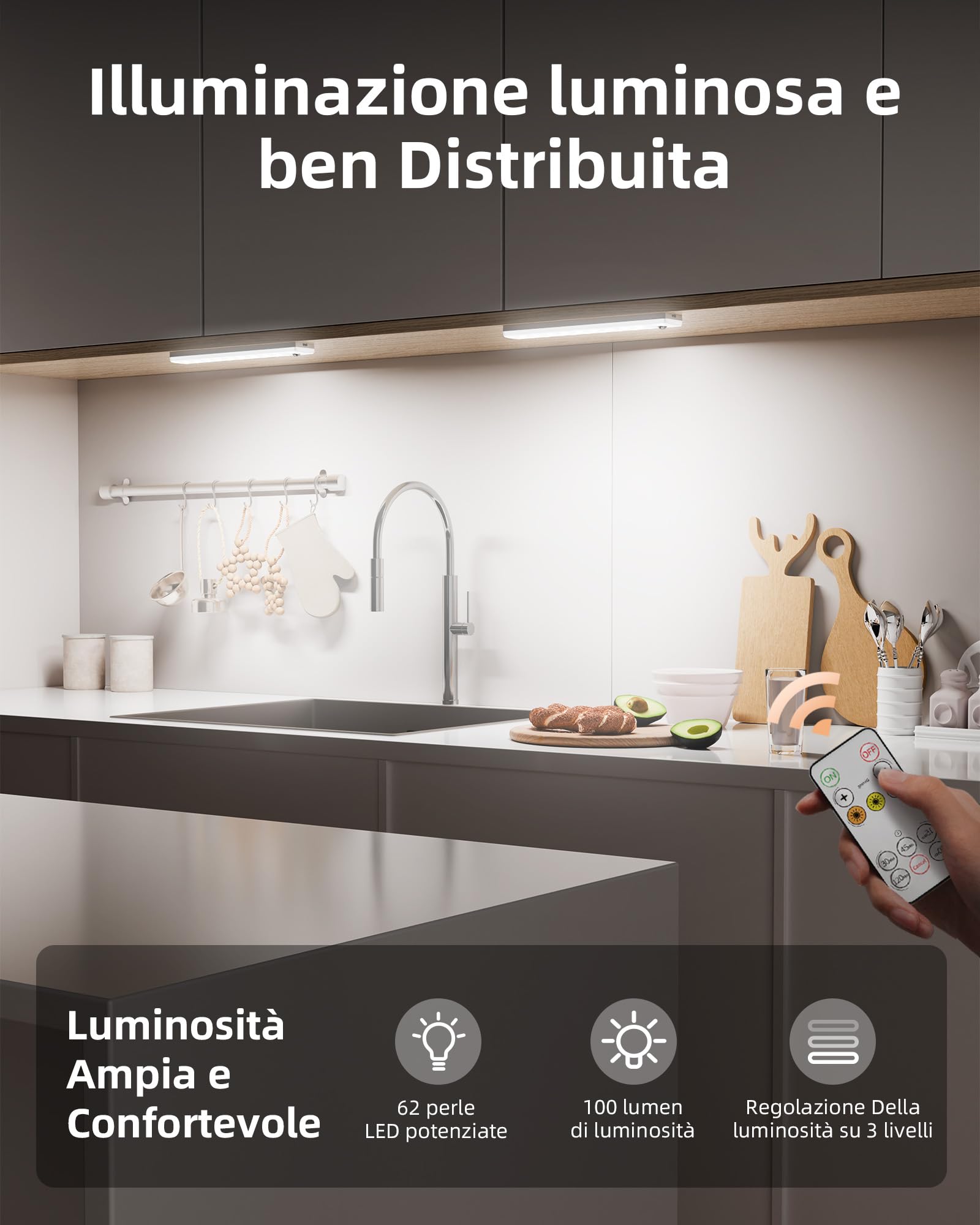 EZVALO Lampada da incasso da cucina a LED con stazione di ricarica 62 LED, 2000 mAh, illuminazione per armadio con 3 temperature di colore, dimmerabile, senza fili, con sensore di movimento, per