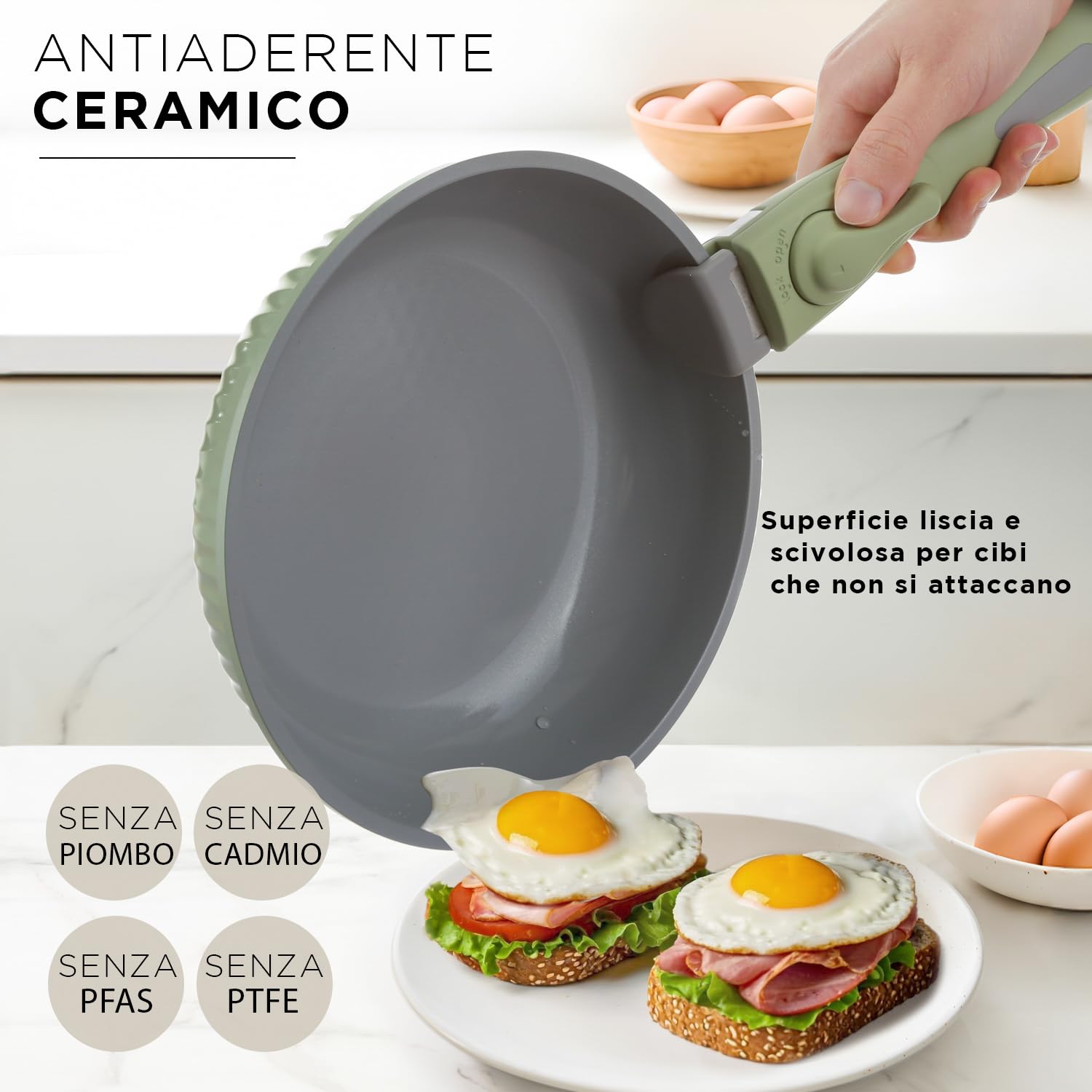 KASANOVA Batteria pentole 9 pezzi Eaziclip, Set pentole induzione con rivestimento ceramico e manici staccabili per uso in forno, Batteria antiaderente verde con coperchi