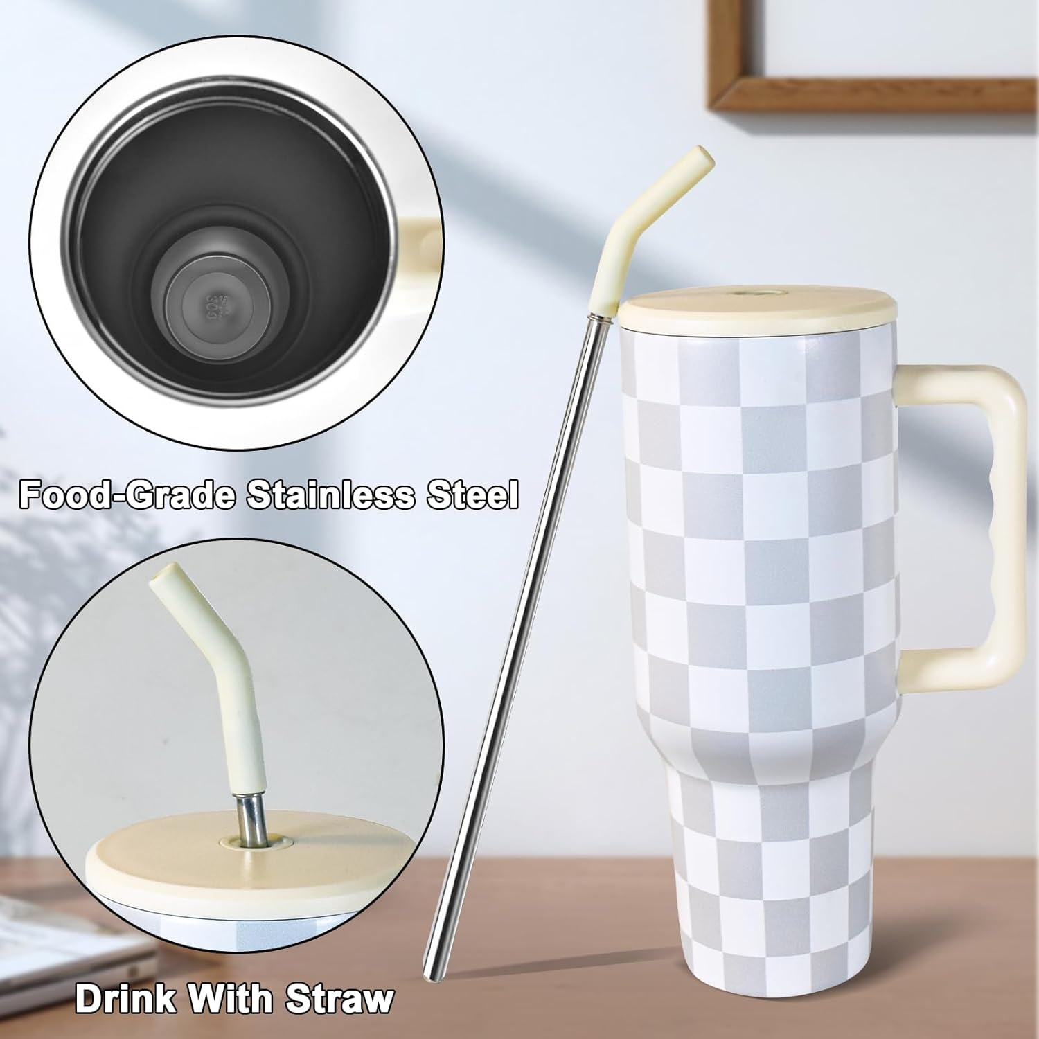 40 oz Tumbler with Handle, Checkered Insulated Tumbler Stainless Steel Vacuum Water Bottle Cup Travel Coffee Mug Gifts for Women Wife Sister Boss Lady Birthday Christmas, Grey - Image 3