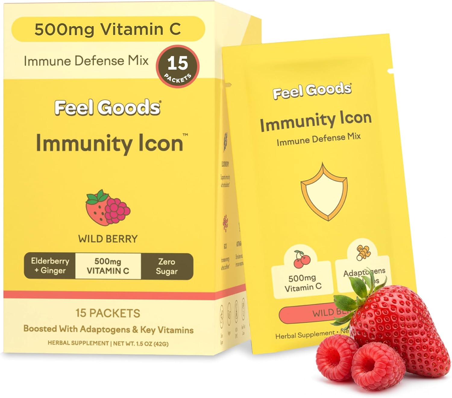 Feel Goods Immunity Icon, Vitamin C Immune Support Powder Packets - 500mg Vitamin C, Elderberry, Ginger, Turmeric & Key Vitamins for Daily Immune Health - Sugar-Free & Caffeine-Free Drink Mix Packets