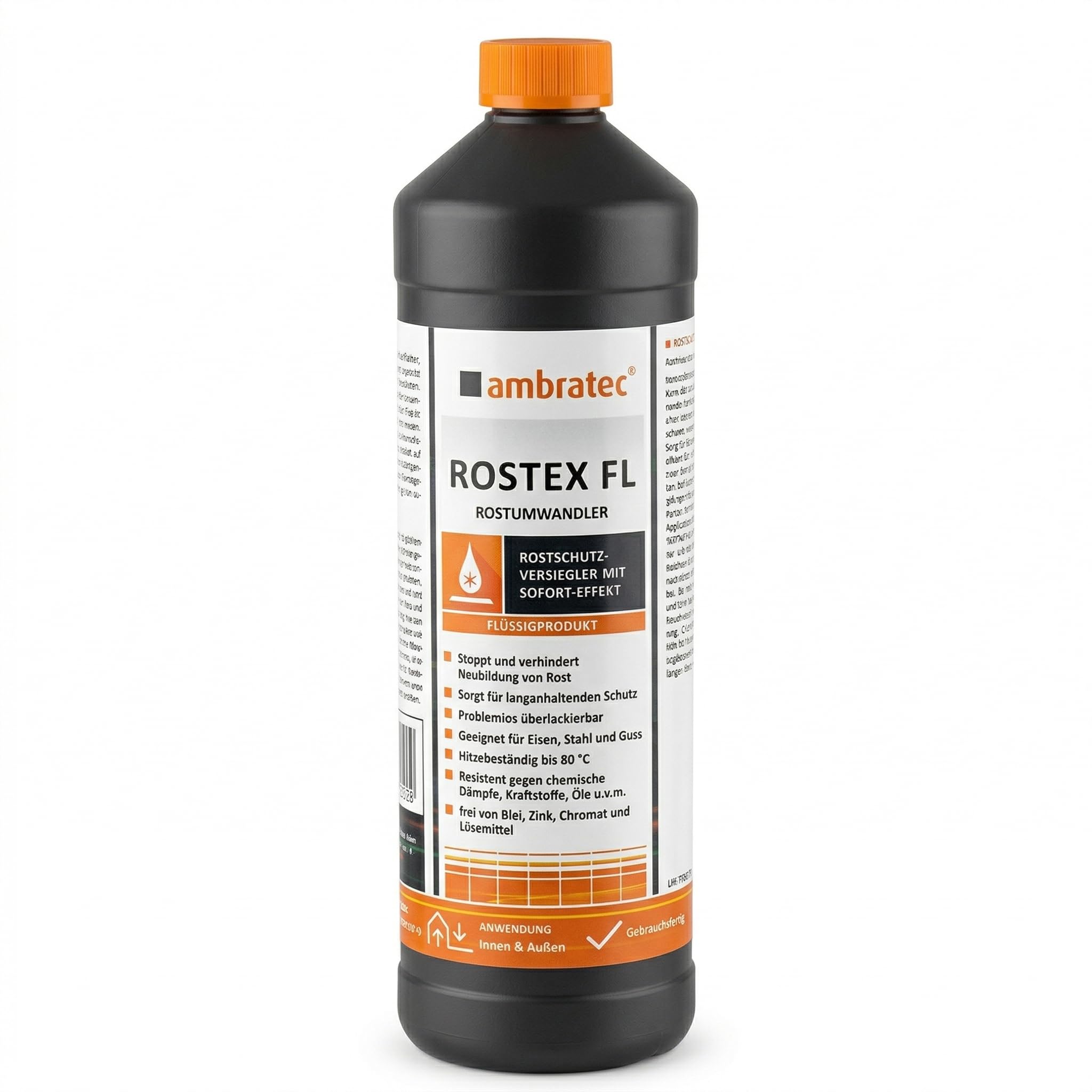 Ambratec Rostex FL Rostumwandler - 1 Liter flüssig - stoppt verhindert Neubildung von Rost, langanhaltenden Schutz, überlackierbar, hitzebeständig, resistent gegen chemische Dämpfe Kraftstoffe Öle