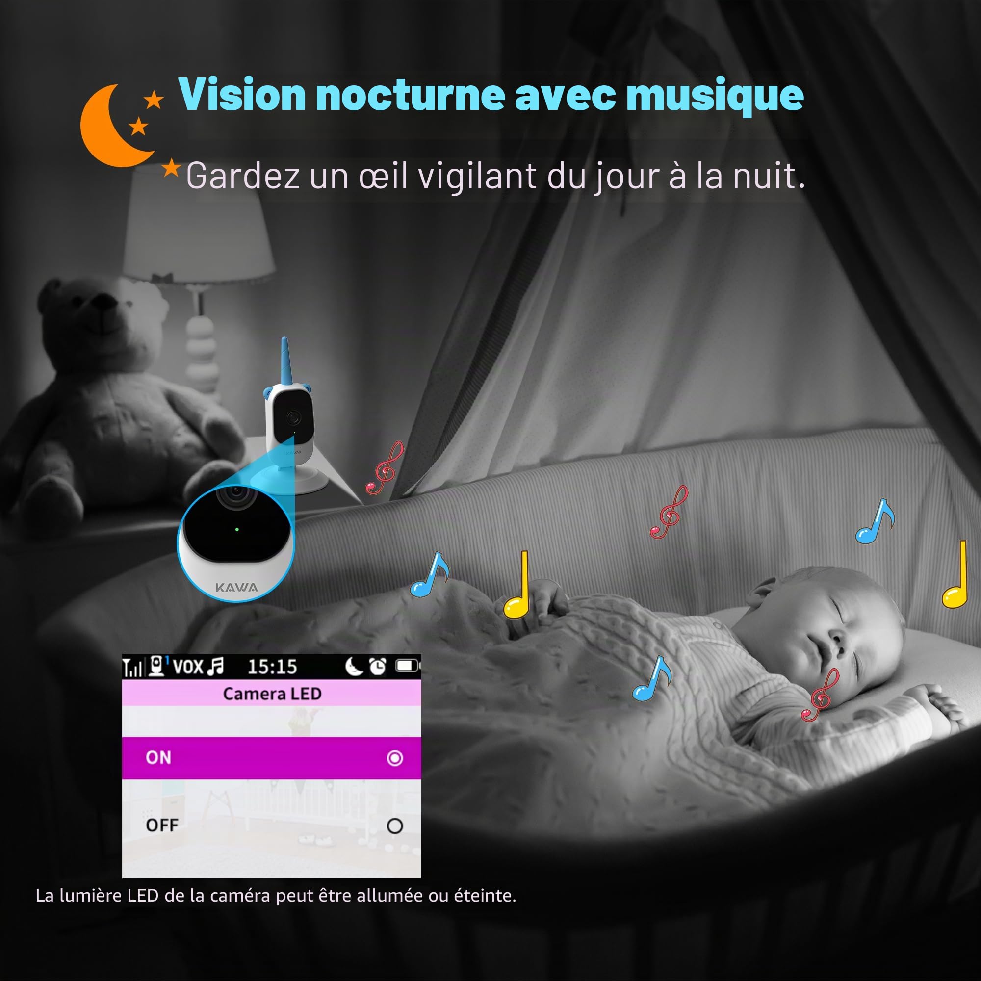 KAWA Moniteur Vidéo pour Bébé Babyphone Écran HD 5" 720p, Conversation Bidirectionnelle, Vision Nocturne, Mode VOX, Moniteur De Température, Berceuses, Portée De Transmission De 1000 Pieds