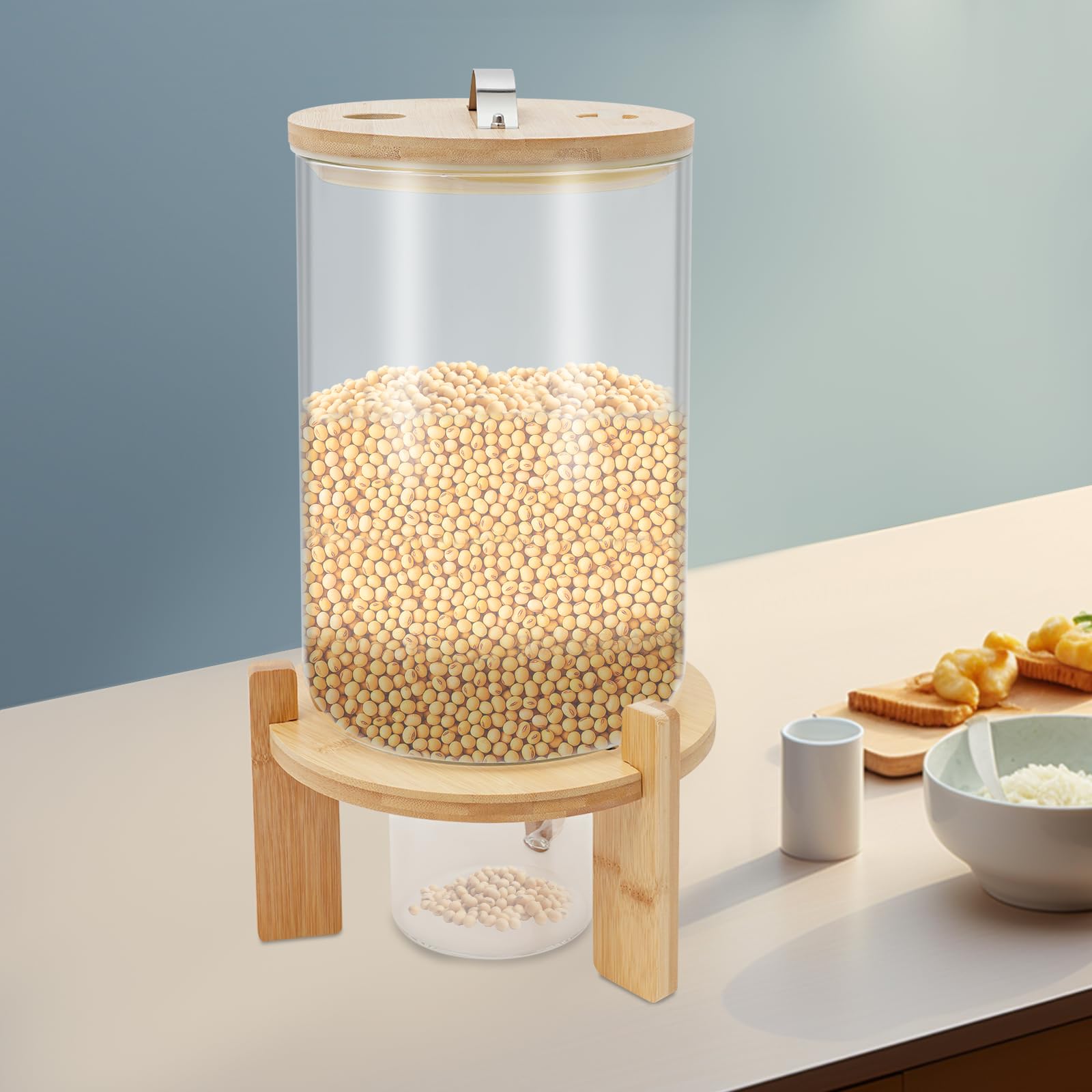 Distributore di cereali, distributore di cereali, dispenser per alimenti, in acciaio inox e vetro silicone bambù, ermetico, verticale, per riso, noci, caffè, snack, casa e hotel