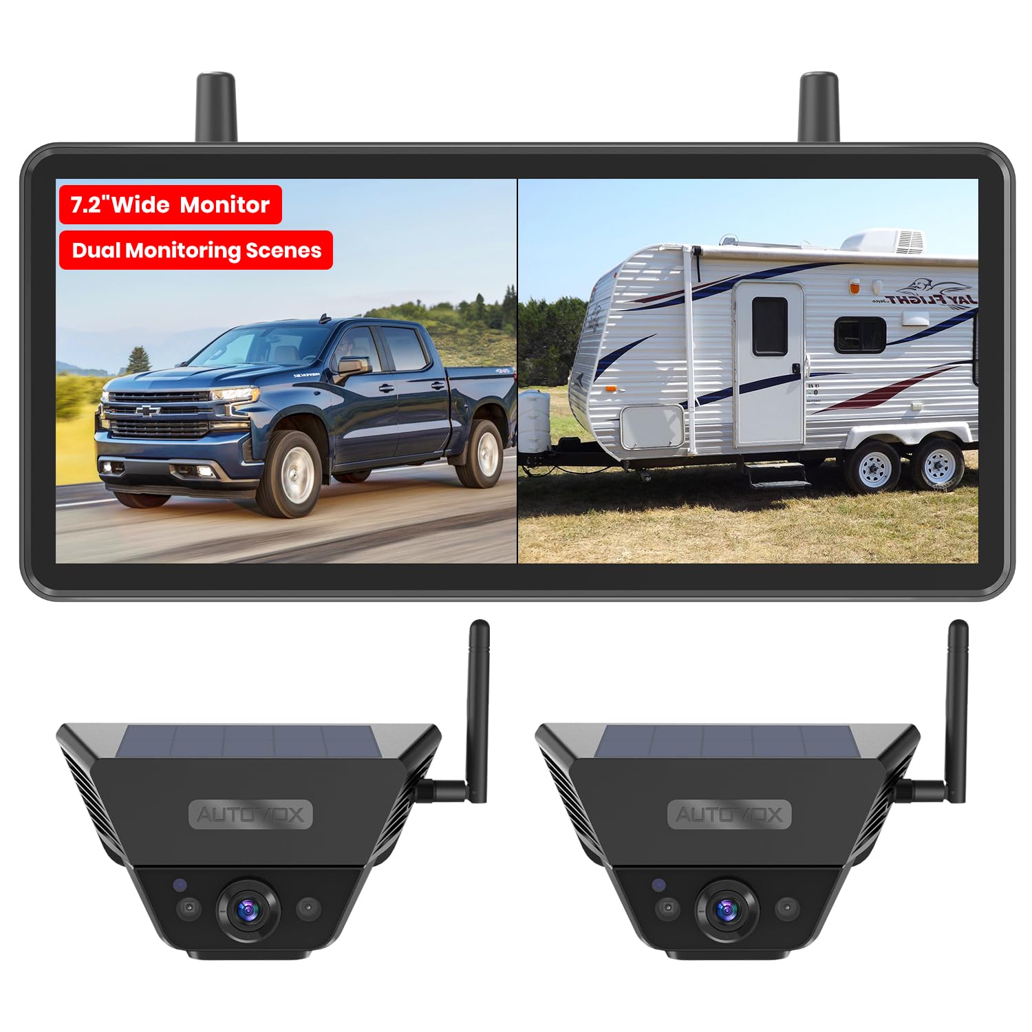 Solar Backup Camera Wireless for RVs and Trailers No-Installation - 7.2" HD 1080P Monitor,Dual Camera System, Strong Magnetic Scratch-Proof Rear View Camera for Trucks, Campers, SUVs, and Cars