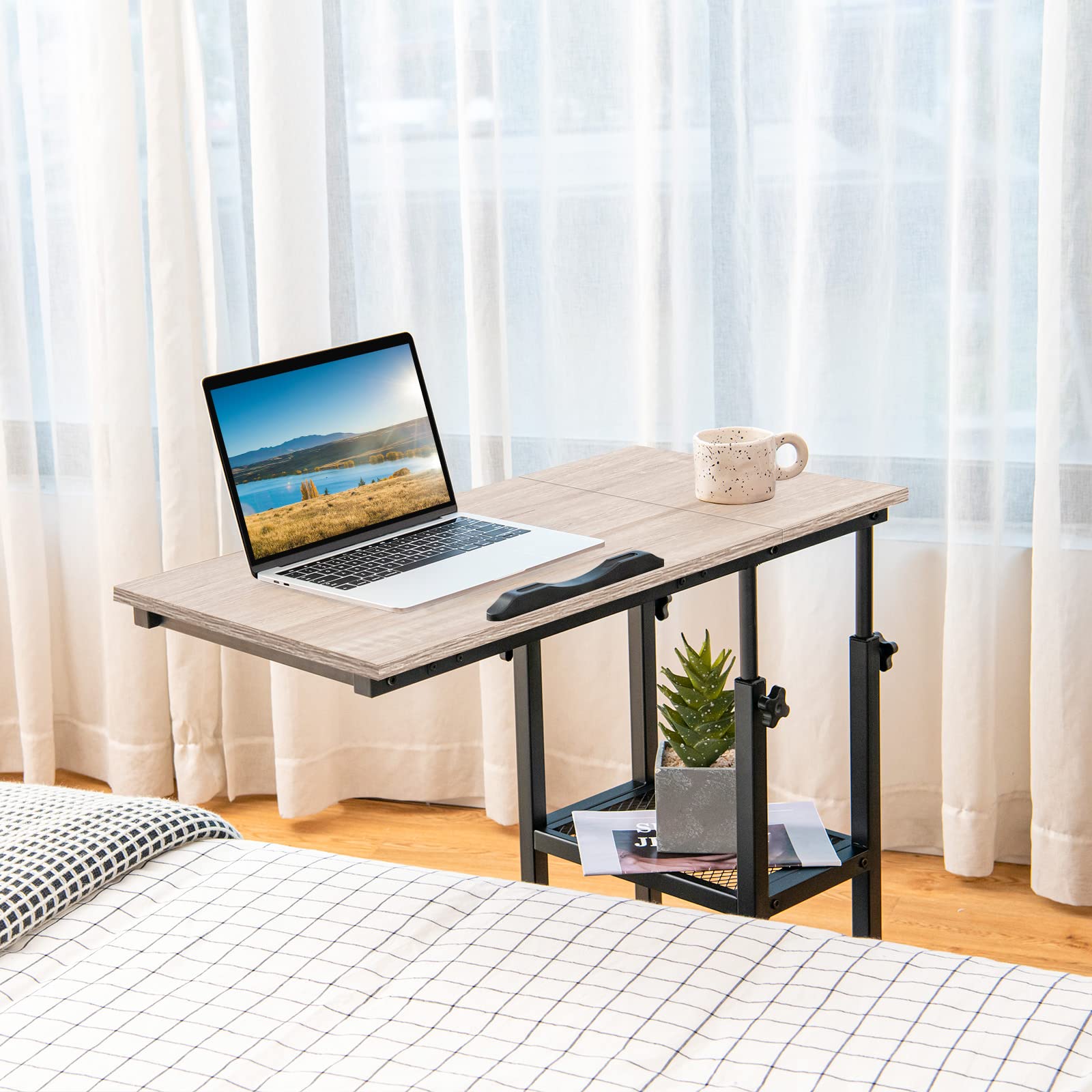 Tribesigns Height Adjustable C Table With Wheels, Mobile Couch Snack Side Table With Tiltable Drawing Board, Sofa Bedside Laptop Stand C Shaped TV Tray With Storage Shelves (Brown - View #2