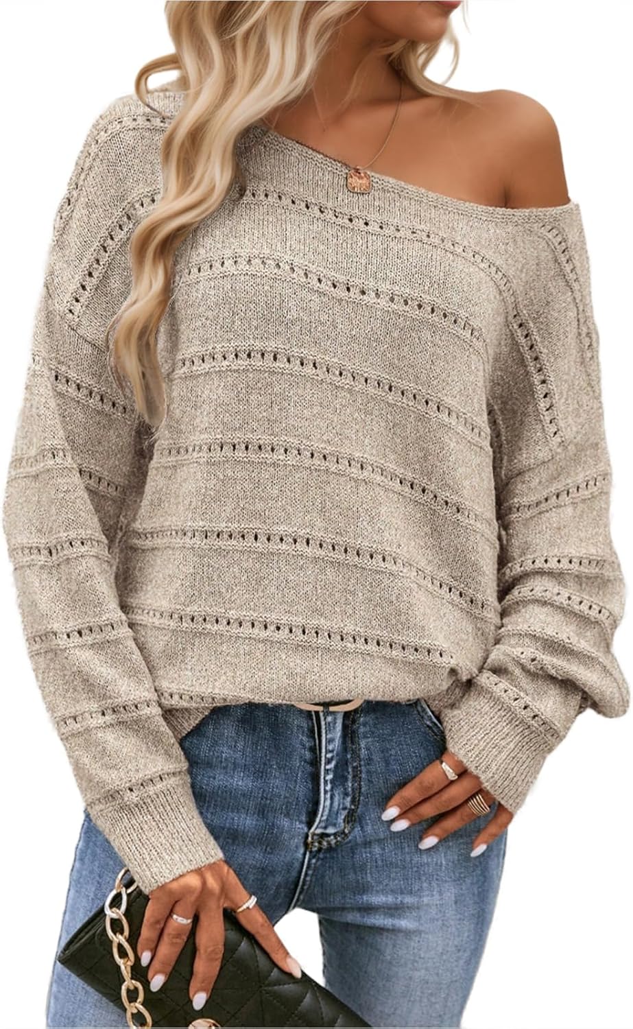 Womens Fall Sweaters Loose Fit Long Sleeve Off Shoulder Crochet Pullover Tops Casual Hollow Out Sweater