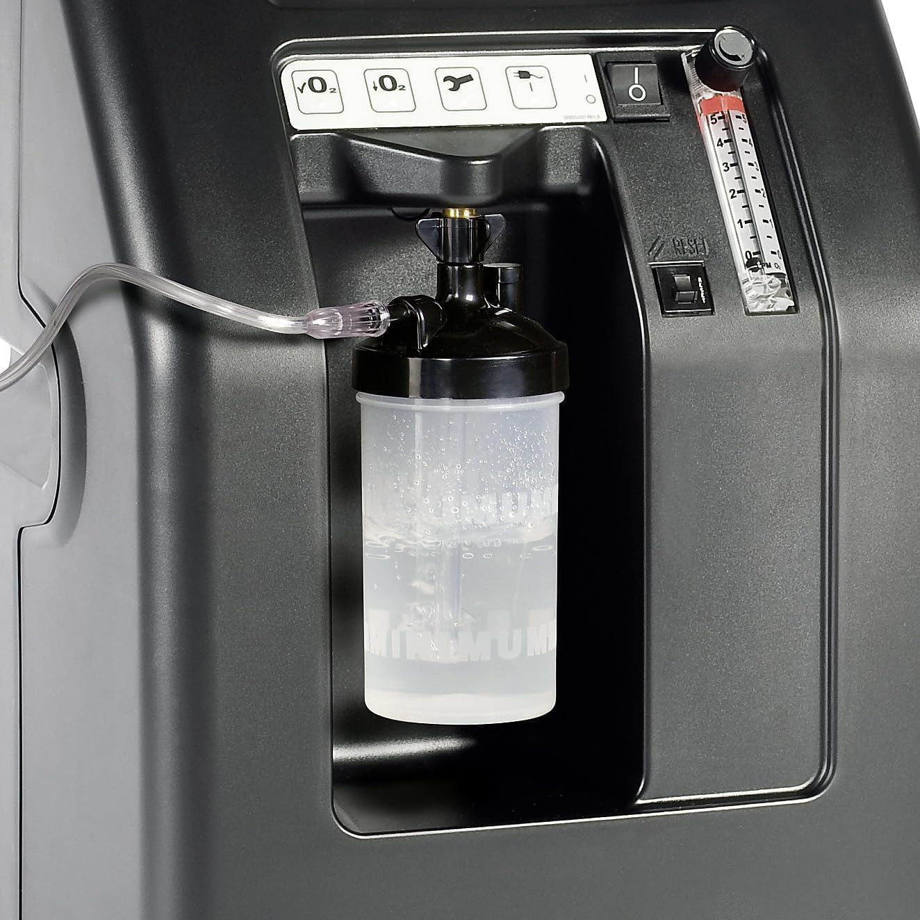 Oxygen Humidifier Bubbler Bottle attached to an oxygen concentrator.
