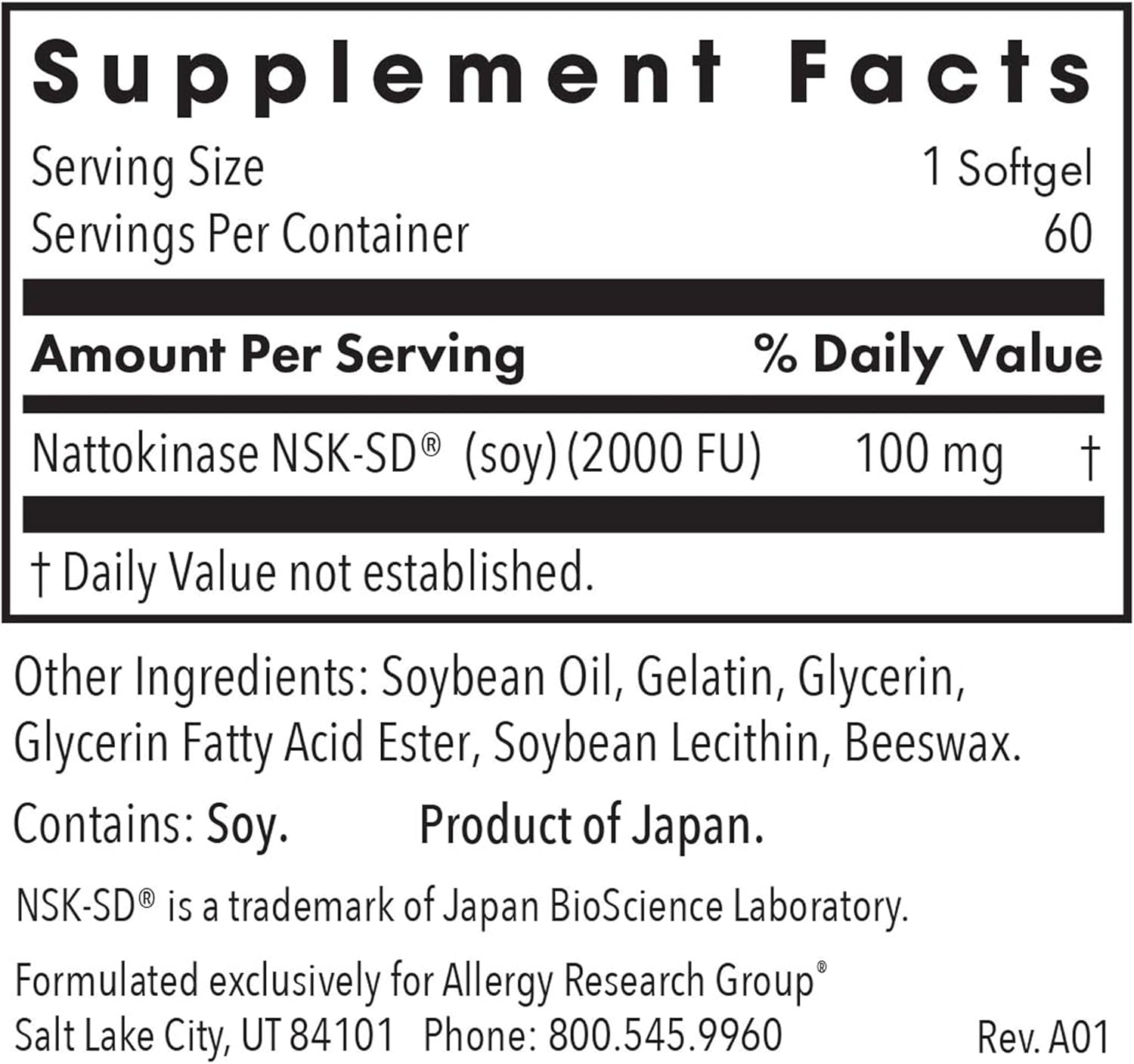 Allergy Research Group - Nattokinase Supplement NSK-SD 2000 FU, 100mg - Cardiovascular/Circulatory Health - 60 Softgels 60 Count (Pack of 1) image 2 of 7 B003FGTM8M