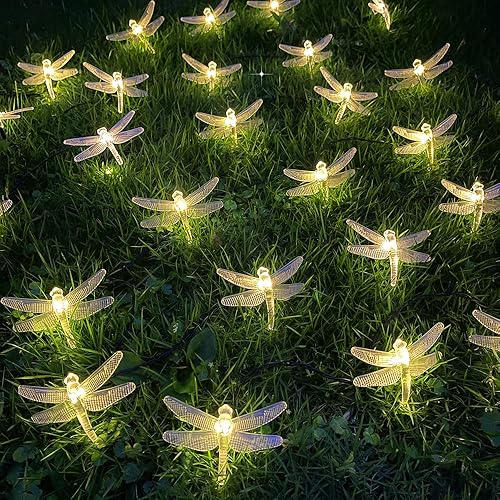 Miniatura 6 de Guirnalda de luces solares de libélula, 30 LED, 21 pies, 8 modos, impermeable, para exteriores, luces de hadas de libélula de cristal, para árboles