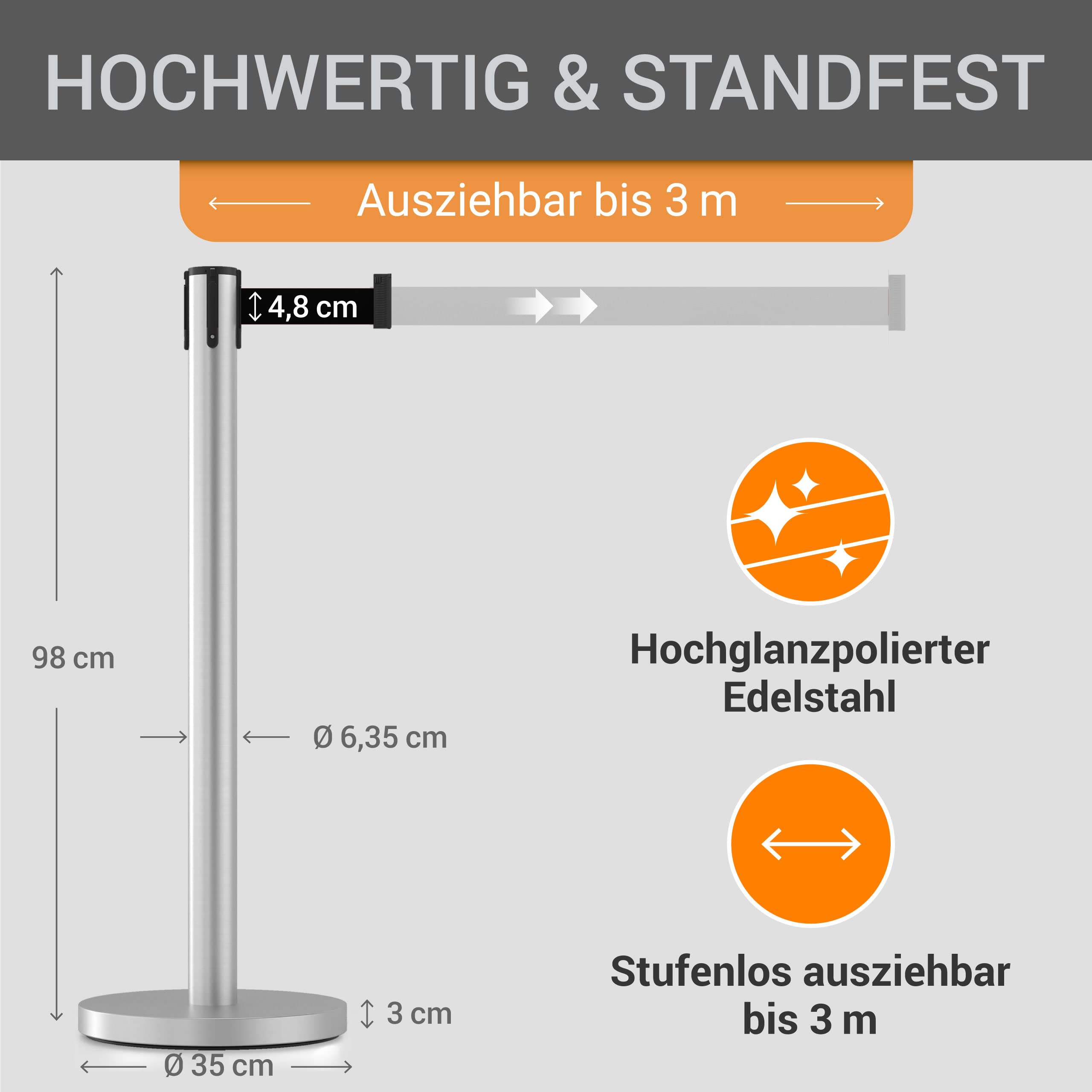 Gurtpfosten Edelstahl gebürstet - 4er Set - Pfostenhöhe: 98,0 cm, Gurtlänge: 3,0 m, Gurtbandbreite: 4,8 cm - Gurtfarbe: schwarz