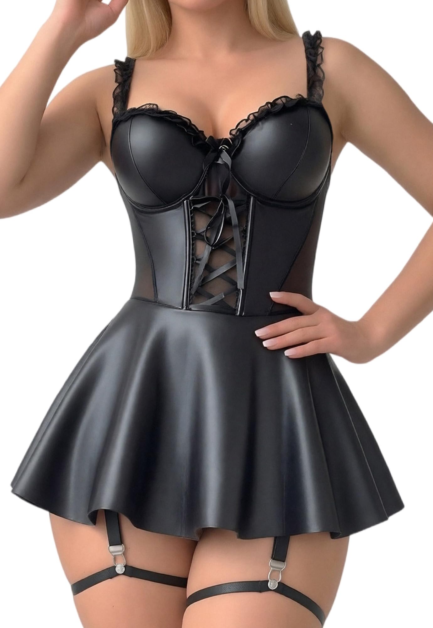 FEOYA Robe de nuit en cuir verni effet mouillé avec porte-jarretelles et dos nu, mini robe de club, S-XXL