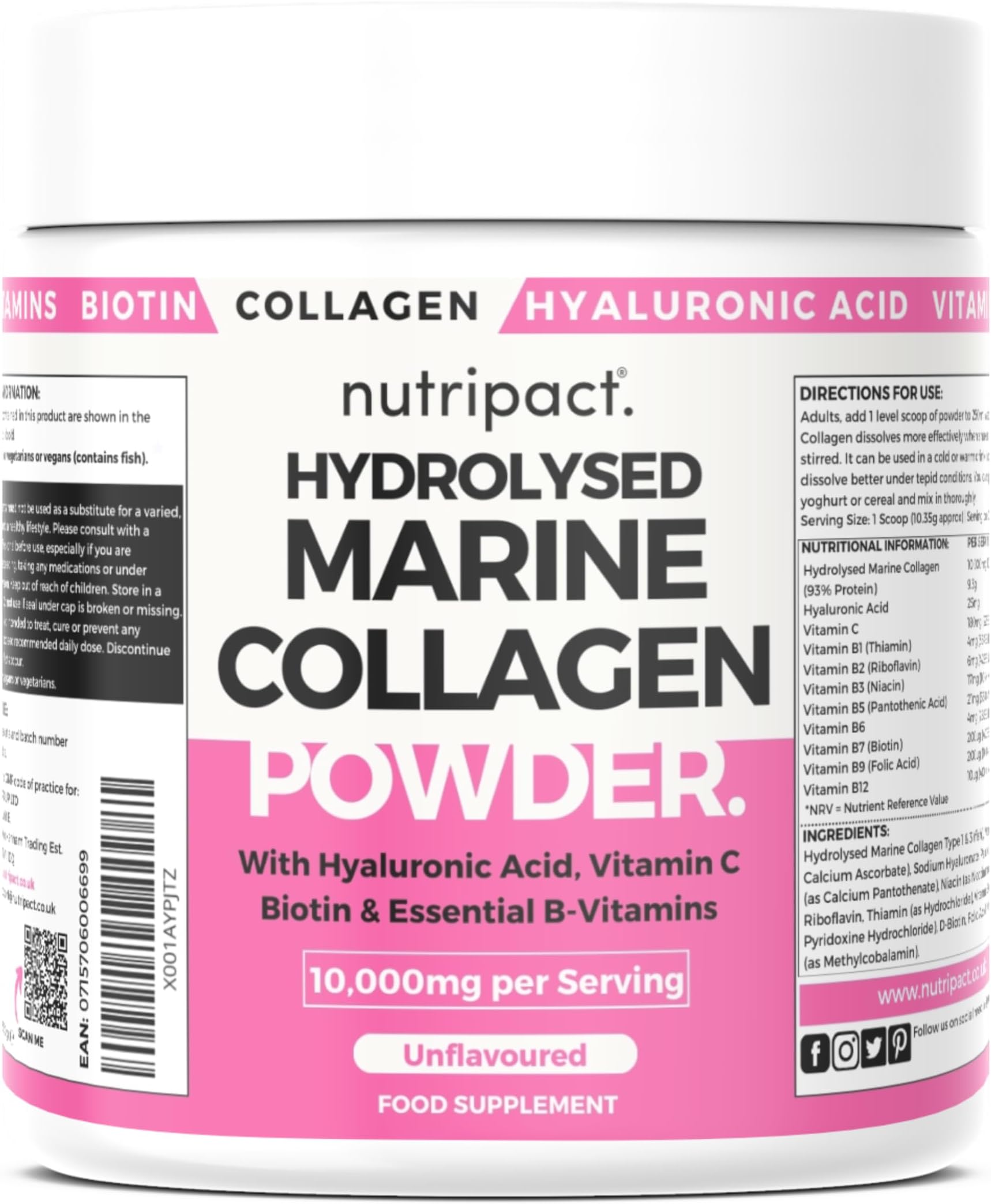Nutripact Marine Collagen Powder with Hyaluronic Acid, Biotin, Vitamin C & B Vitamins 10,000mg Hydrolysed Collagen Peptides Types 1 & 3, Unflavoured, Odourless, Highly Bioavailable – 30 Servings, 300g