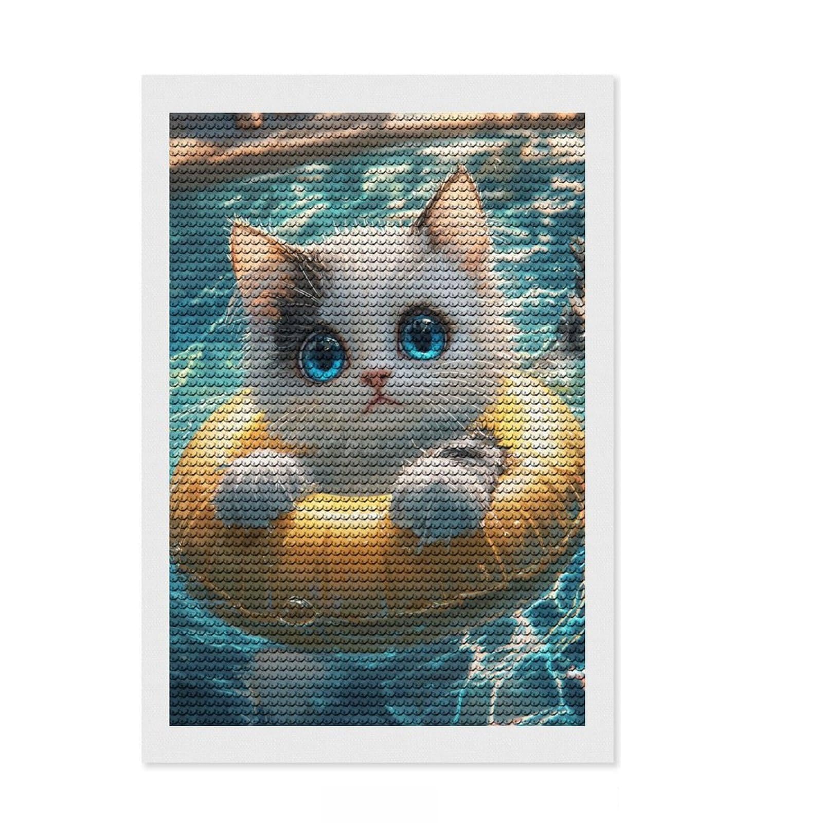 Junmoney Cute Kitten in Pool Float Diamond Painting Set 8"x12", Sparkling Round Gems, Satisfying Creative Project, Fun Craft Experience, Office Decor