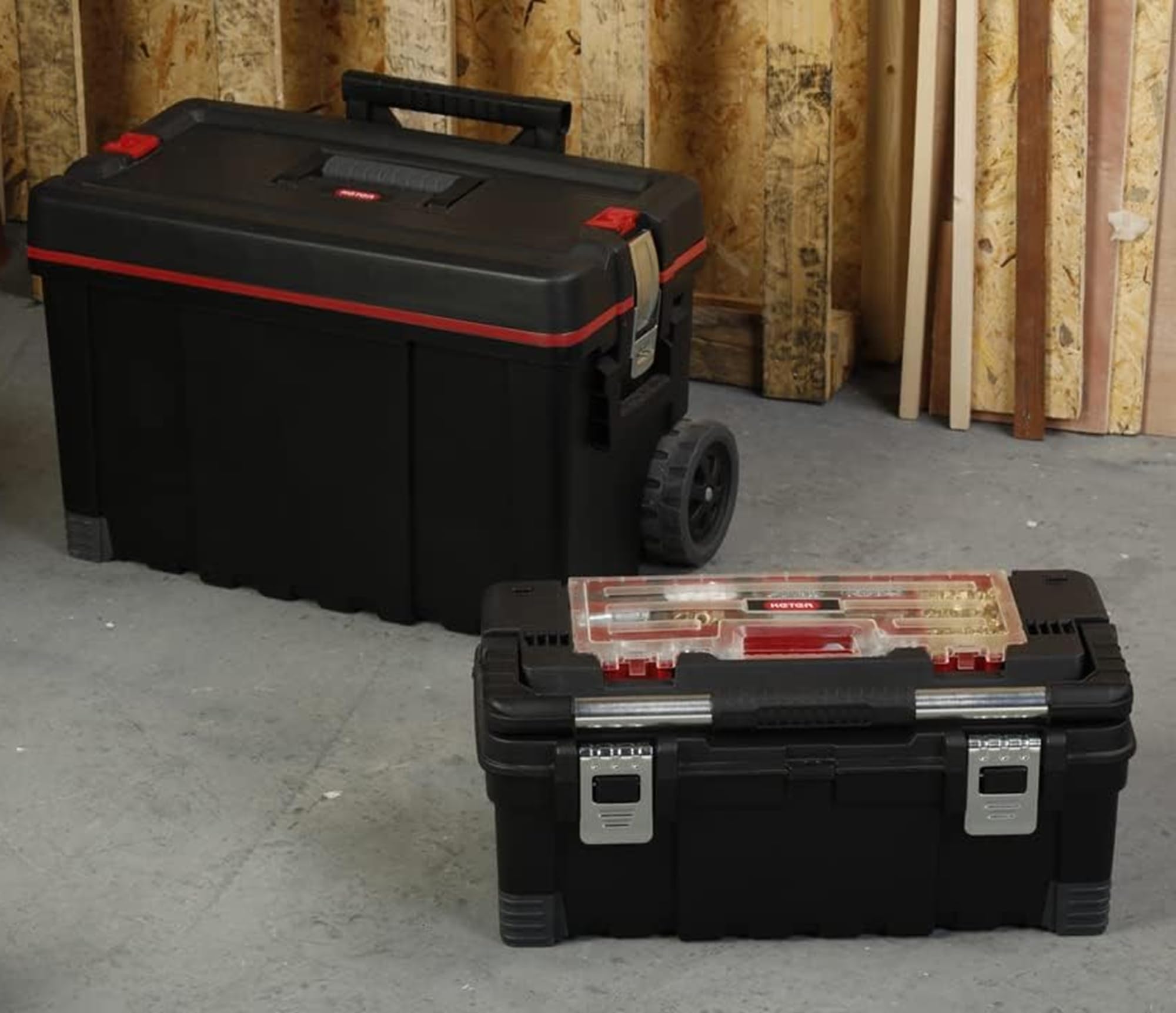 Keter- Carro de Herramientas Vertical + Caja de Herramientas, 22 y 26 Pulgadas, Negro, Rojo, Talla única