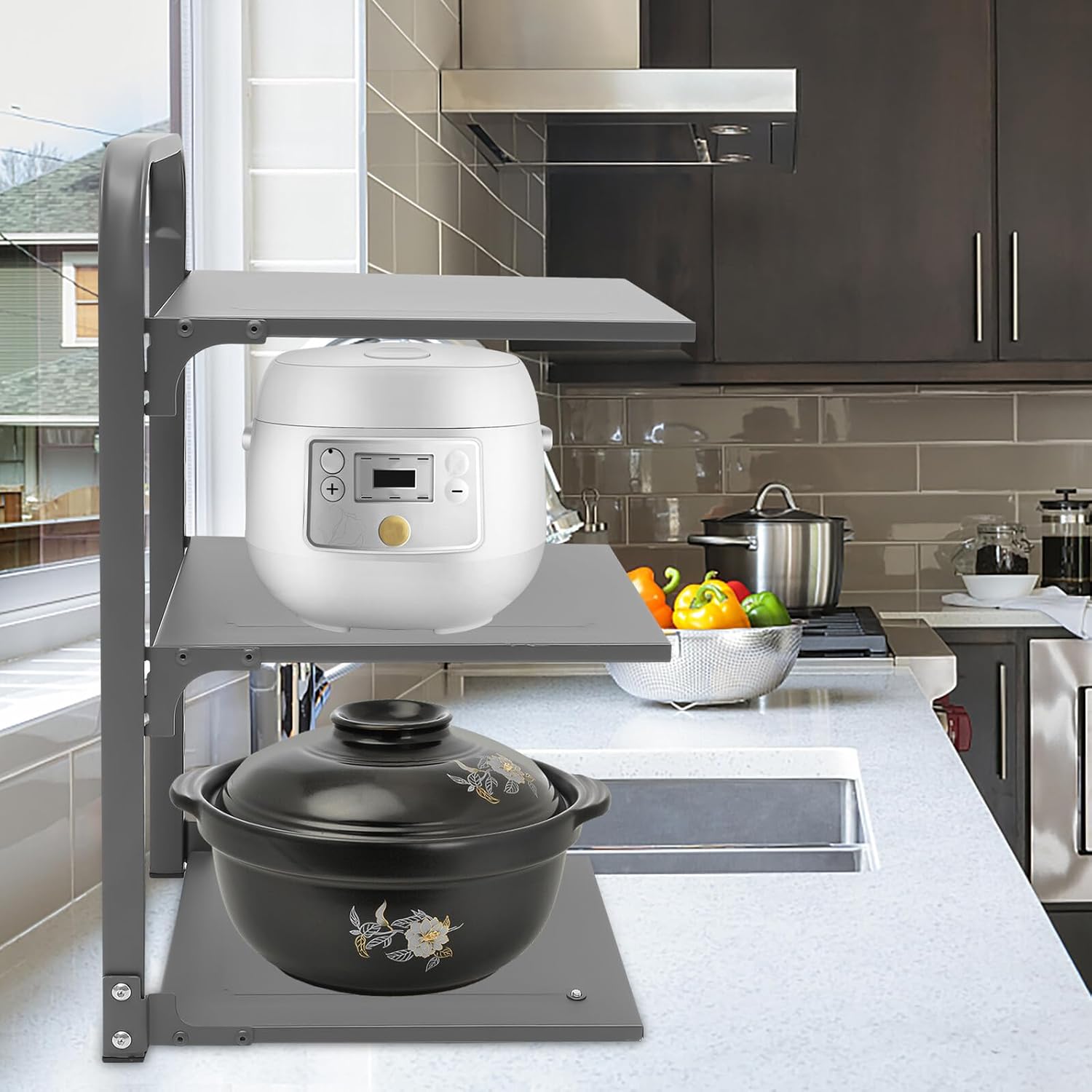 Heavy Duty Foldable Pot Rack Kitchen Organizer for Cabinets Countertop Storage Space-saving Pan Organizer with Three Layers Gray