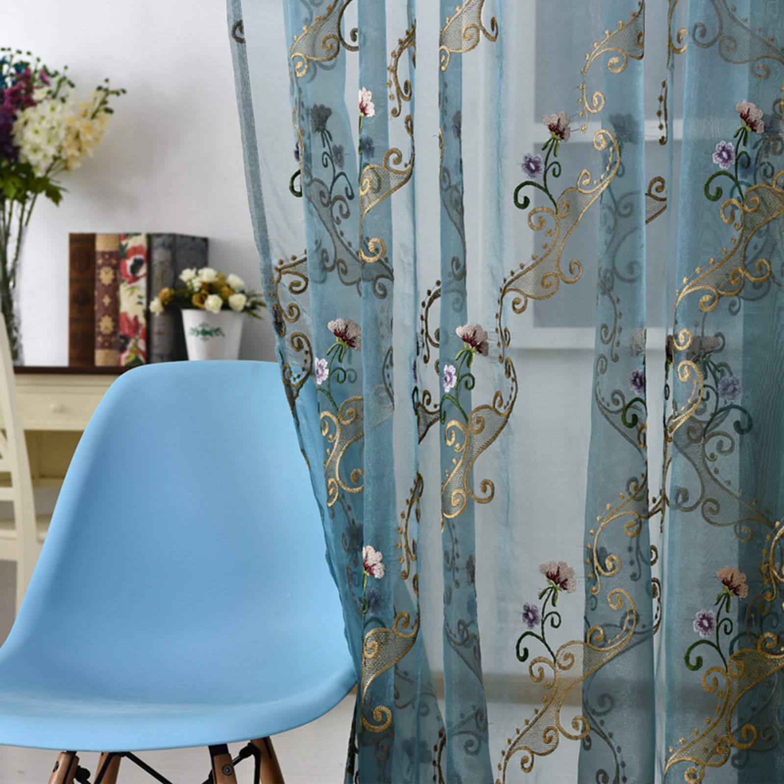 Rideau broderie florale en tulle bleu 300x270cm pour grand balcon