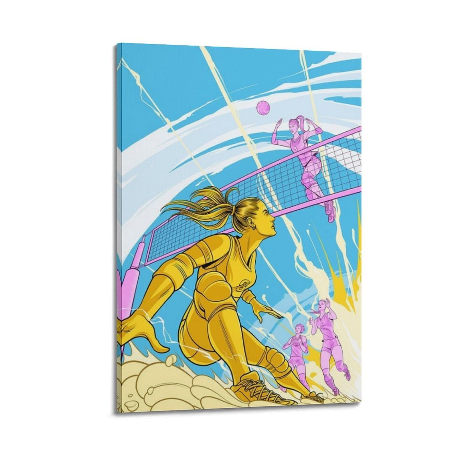 WIZIGM Poster dynamique sur toile style bande dessinée jeu de volleyball moderne décoration murale 50 x 75 cm style bande dessinée avec cadre