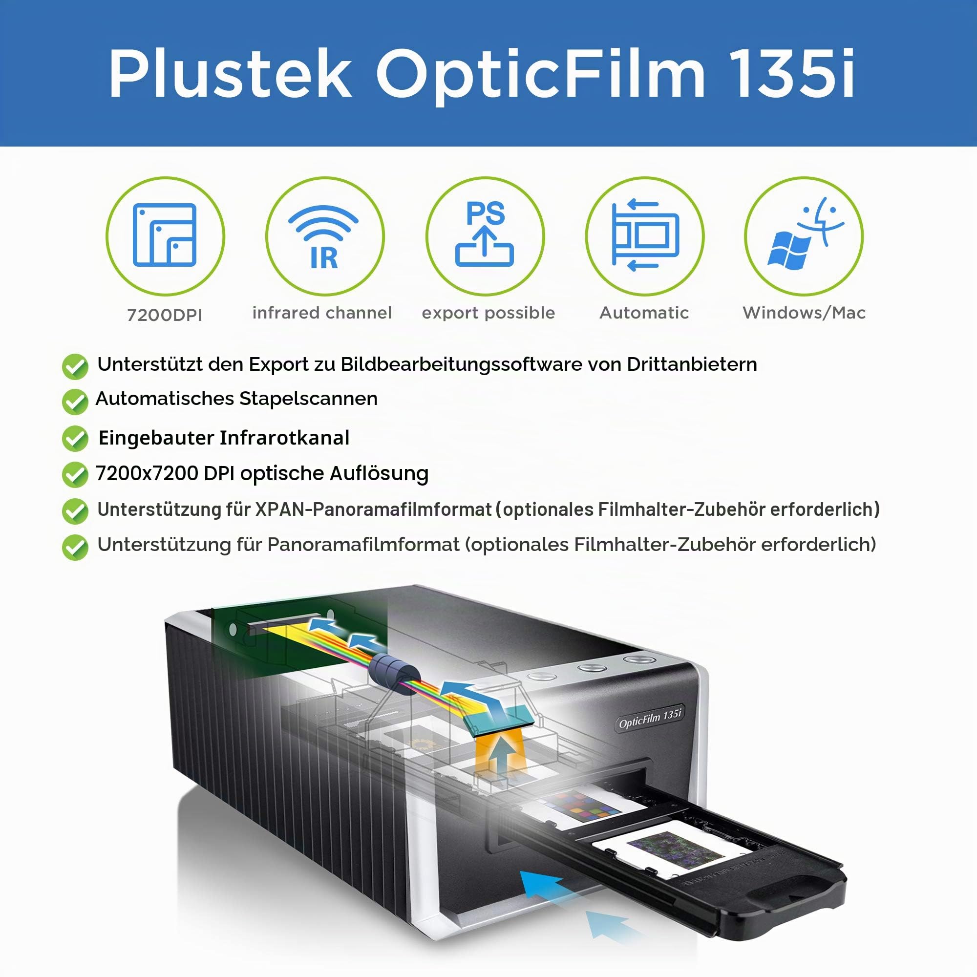 Plustek OpticFilm 135i Automatischer Film- und Diascanner 7200 DPI 35-mm-Dias und Filmnegative