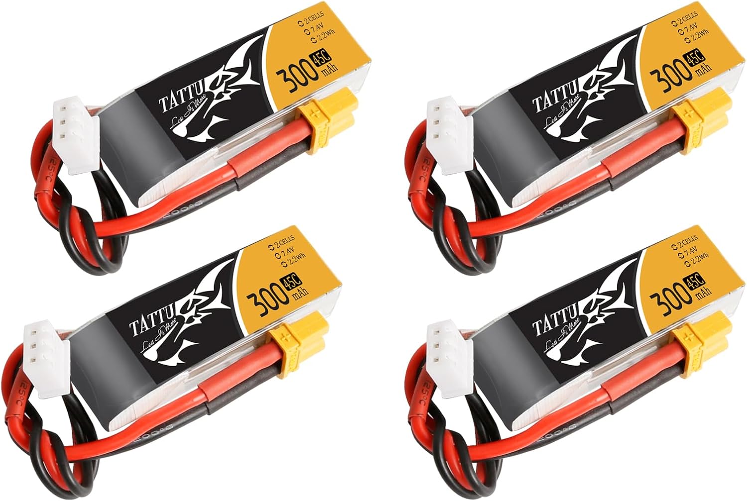 TATTU 4PCS 7.4V 300mAh 2S 45C LiPo Battery Pack with XT30 Plug for Emax Babyhawk Micro FPV Quad Racing Drone