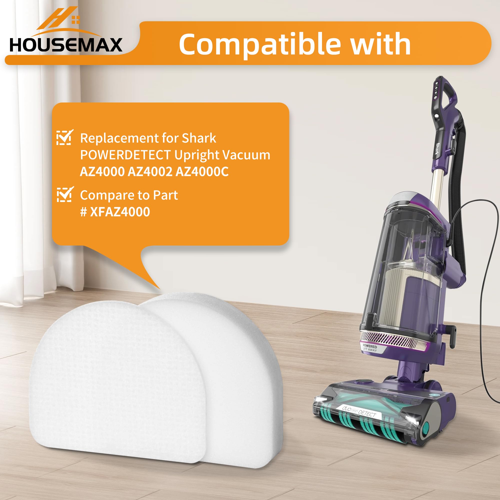 HOUSEMAX AZ4002 Filters for Shark POWERDETECT Upright Vacuum Cleaner AZ4000 AZ4002 AZ4000C, 4 Foam & 4 Felt Replacement Filters Compare to Part #XFFKAZ4000