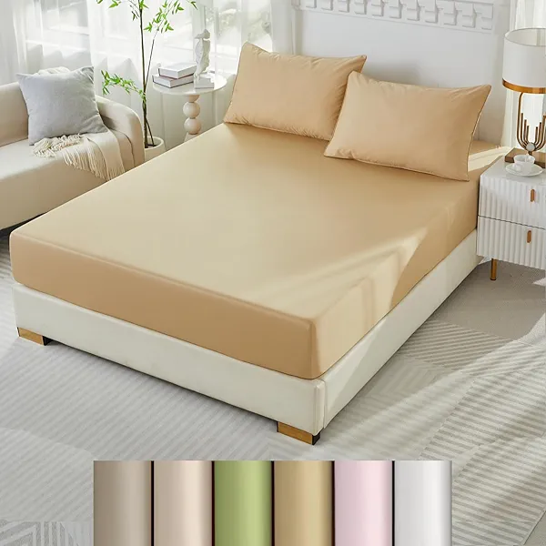 LILYPEACH Camel Twin Fitted Sheet Only with 2 Pillowcases, 1000 Thread Count, 18 Inch Deep Pocket, Hotel Grade, Single Fitted Sheet (Camel, Twin Size)