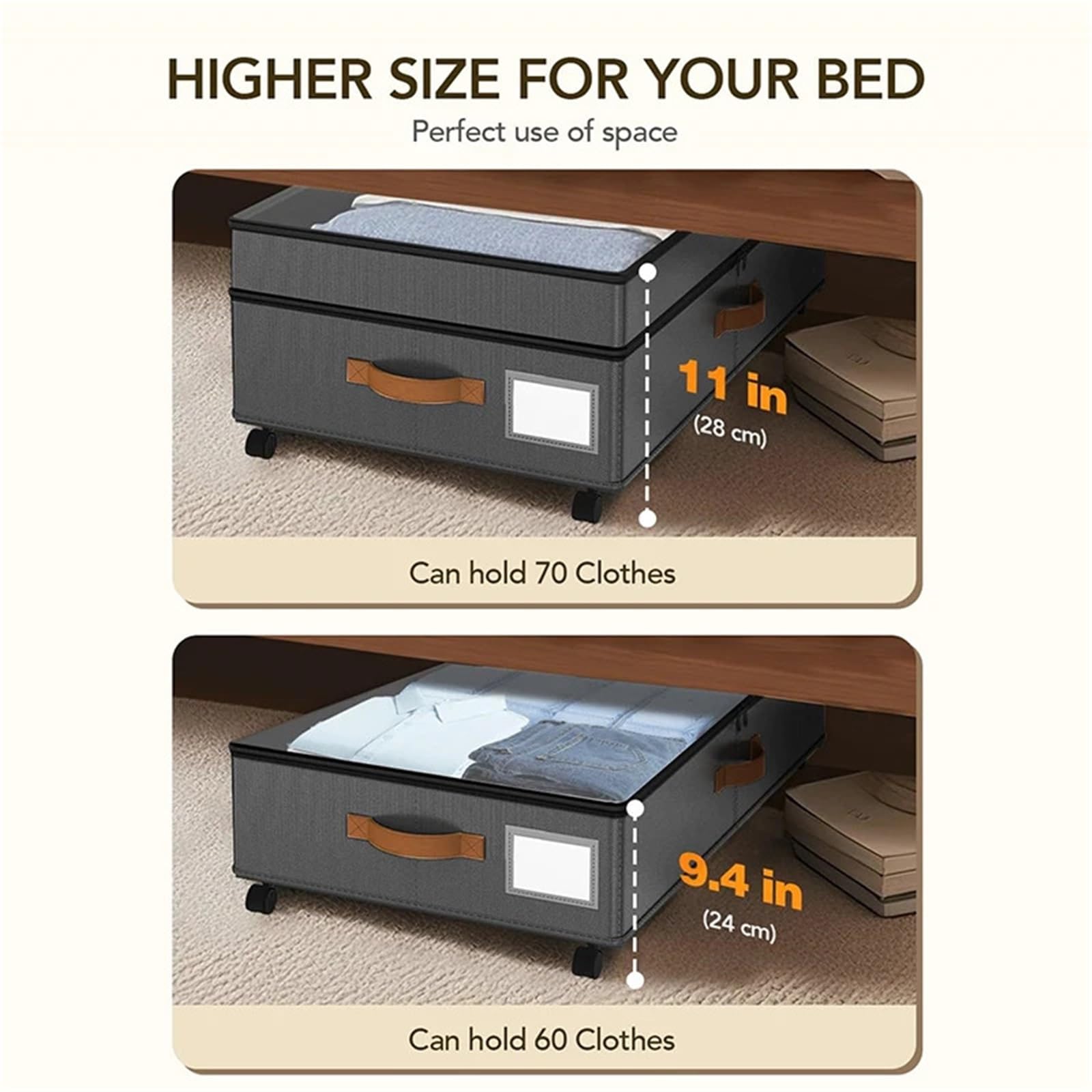 Scatole in Tessuto Comodo Contenitore sottoletto su Ruote, contenitori sottoletto Super-dimensionati da 72 Litri, scarpiere Rialzate da 11 Pollici con coperchi Trasparenti